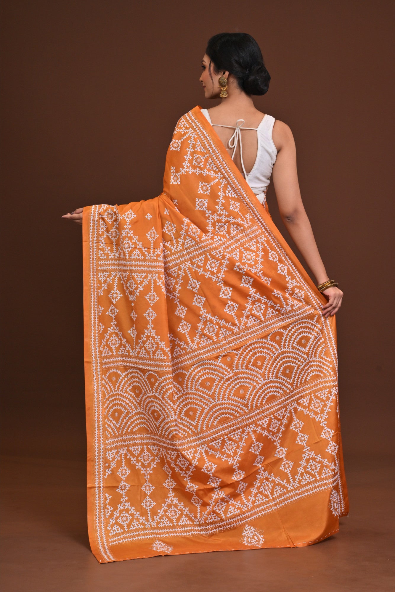 Blended Silk Kantha Stitch Saree Orange Thumbnail