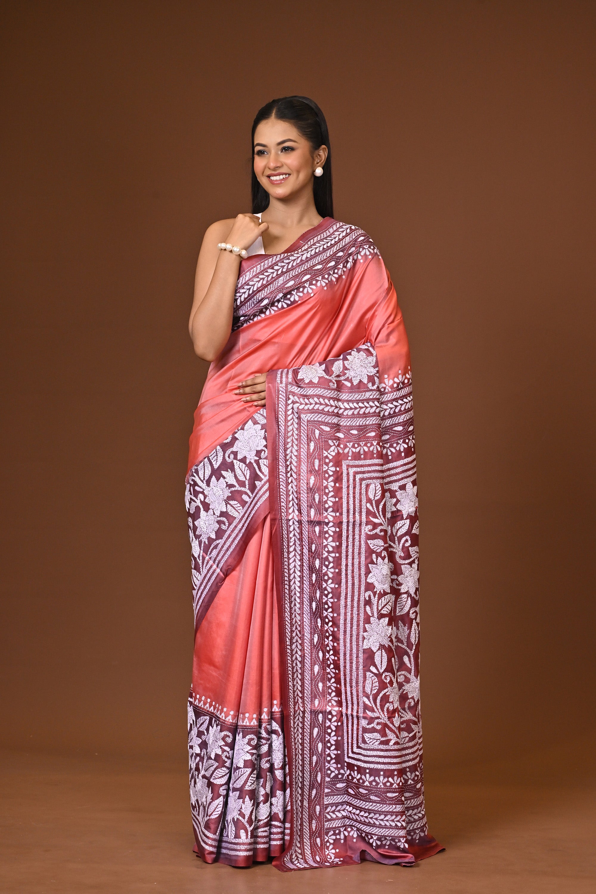 Blended Silk Kantha Stitch Saree Peach Thumbnail