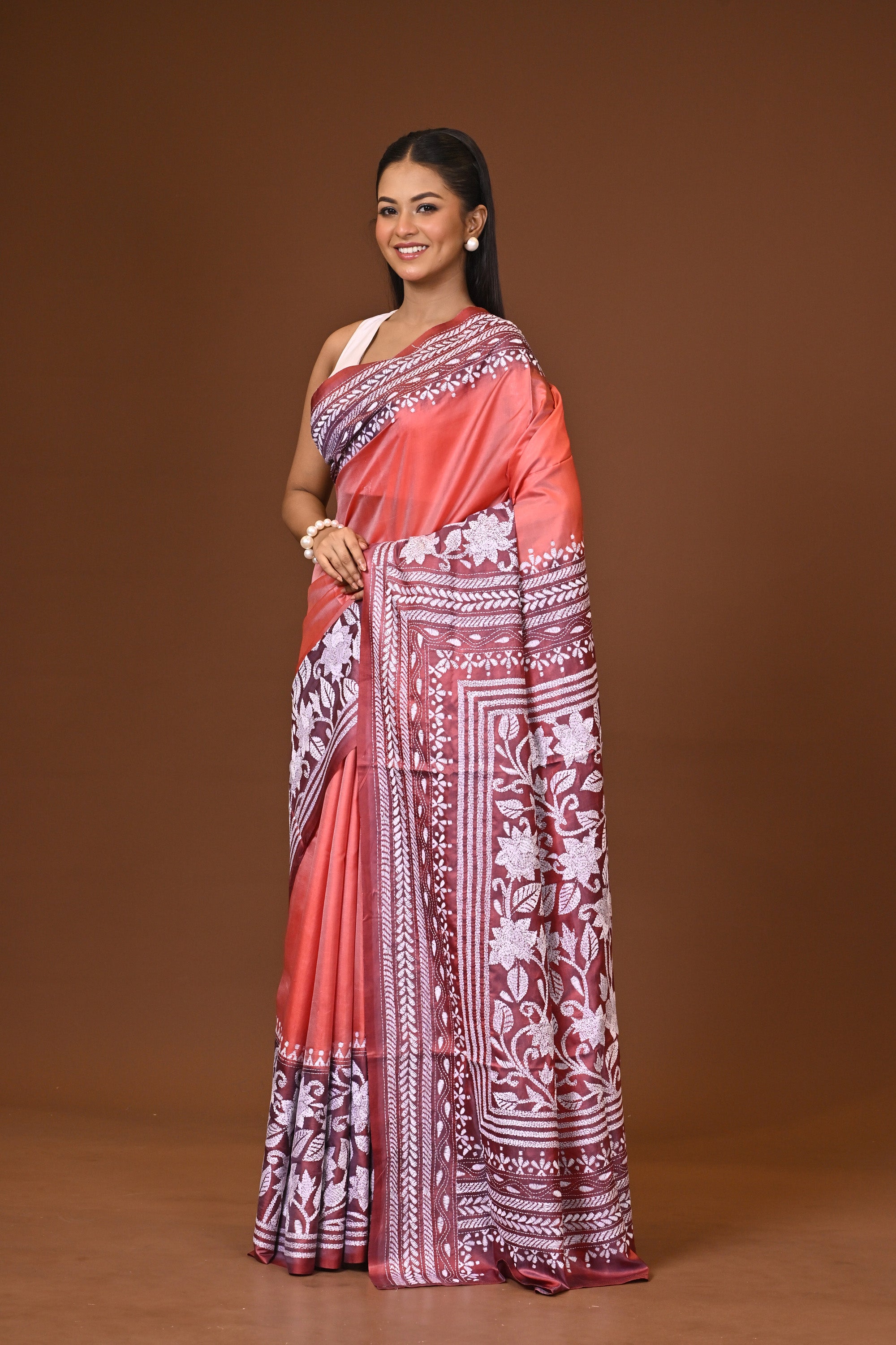 Blended Silk Kantha Stitch Saree Peach Thumbnail