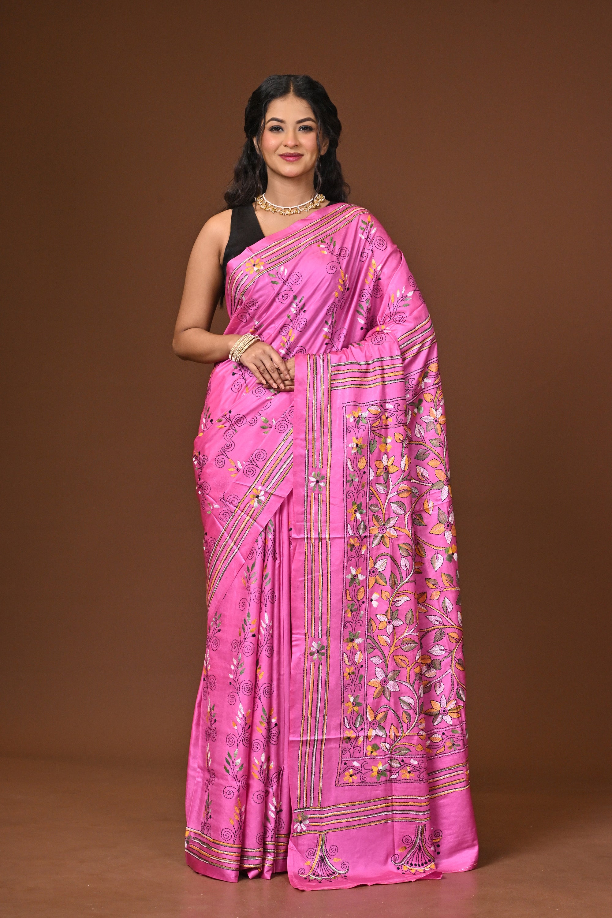 Blended Silk Kantha Stitch Saree Pink