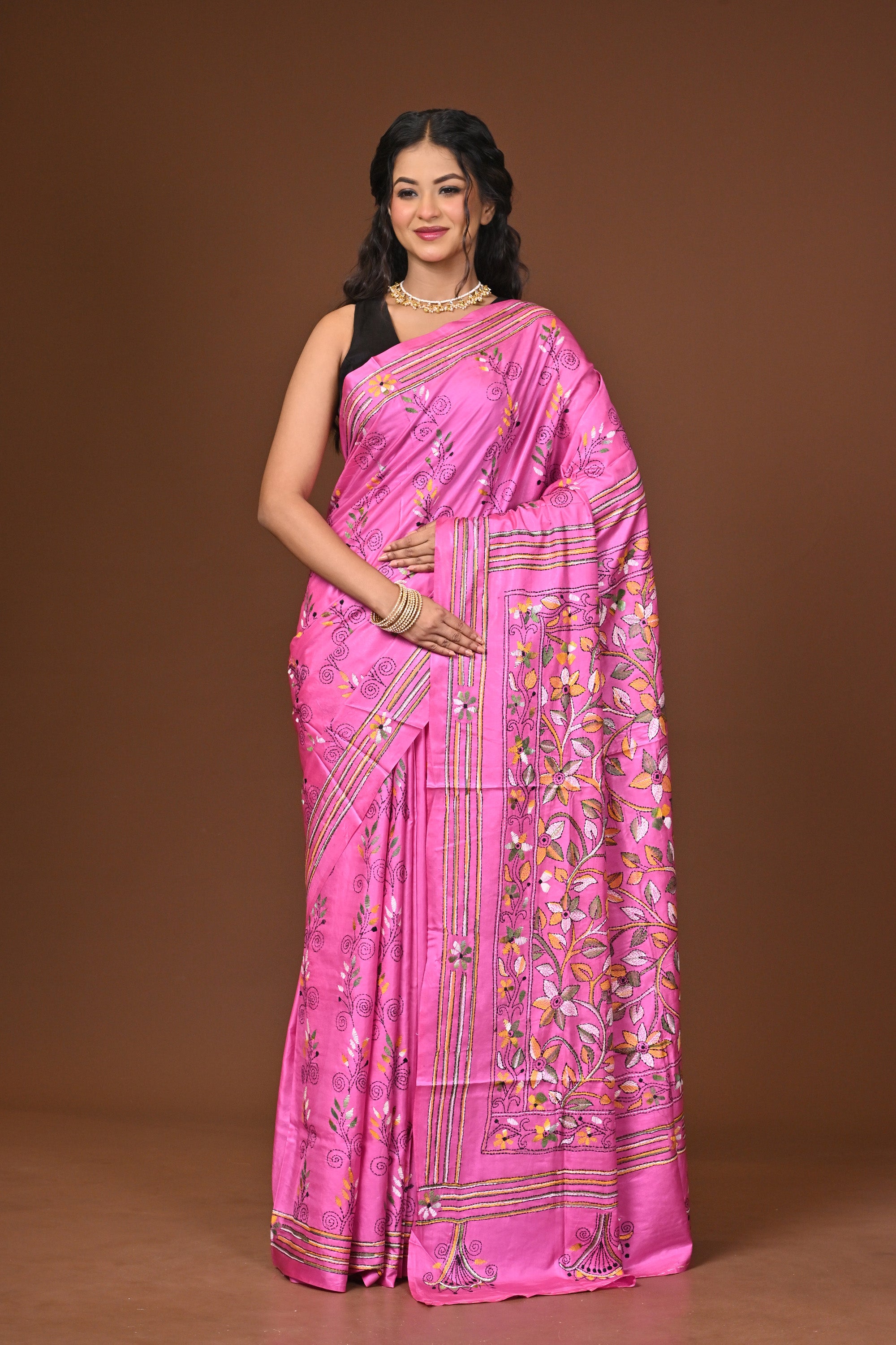 Blended Silk Kantha Stitch Saree Pink Thumbnail