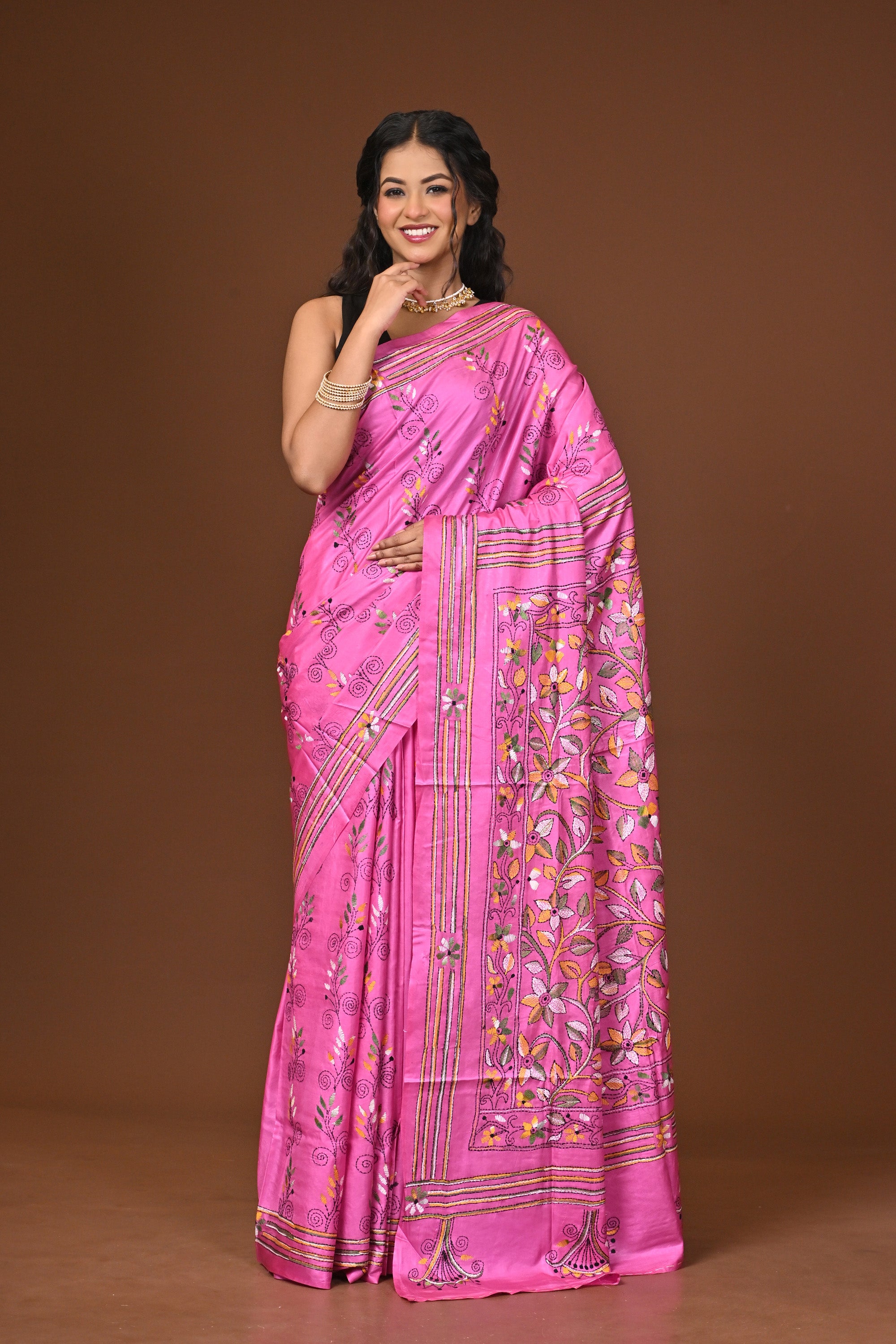 Blended Silk Kantha Stitch Saree Pink Thumbnail