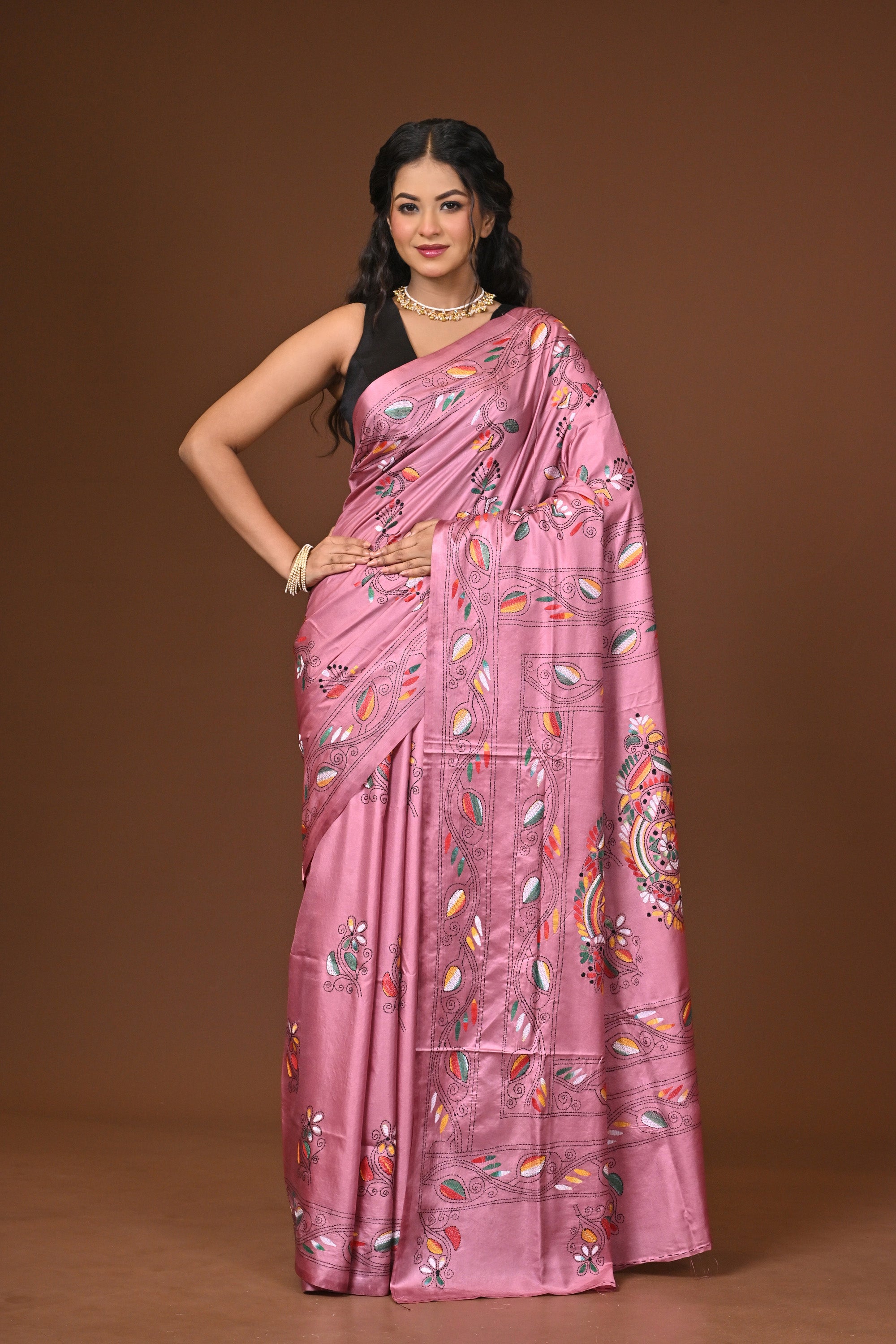 Blended Silk Kantha Stitch Saree Pink Thumbnail