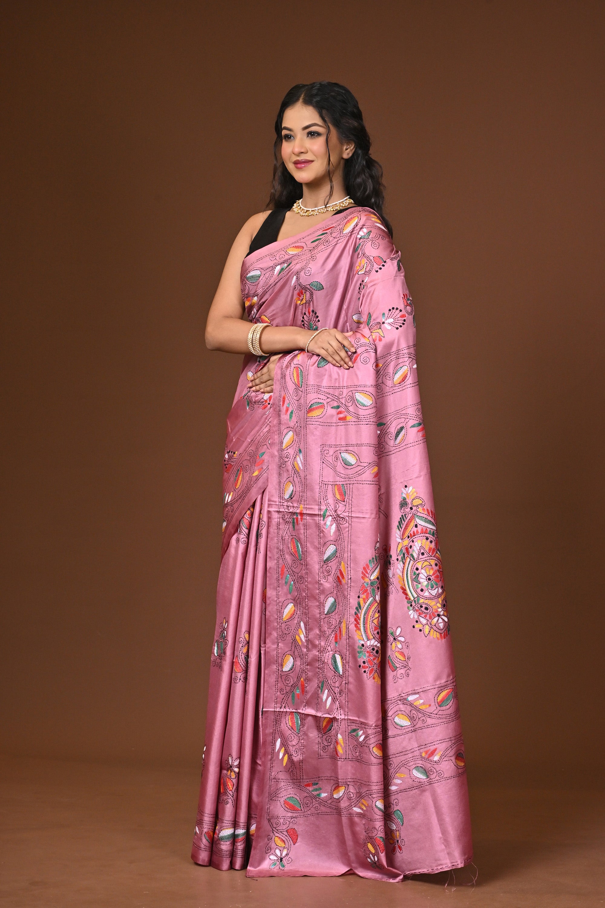 Blended Silk Kantha Stitch Saree Pink Thumbnail