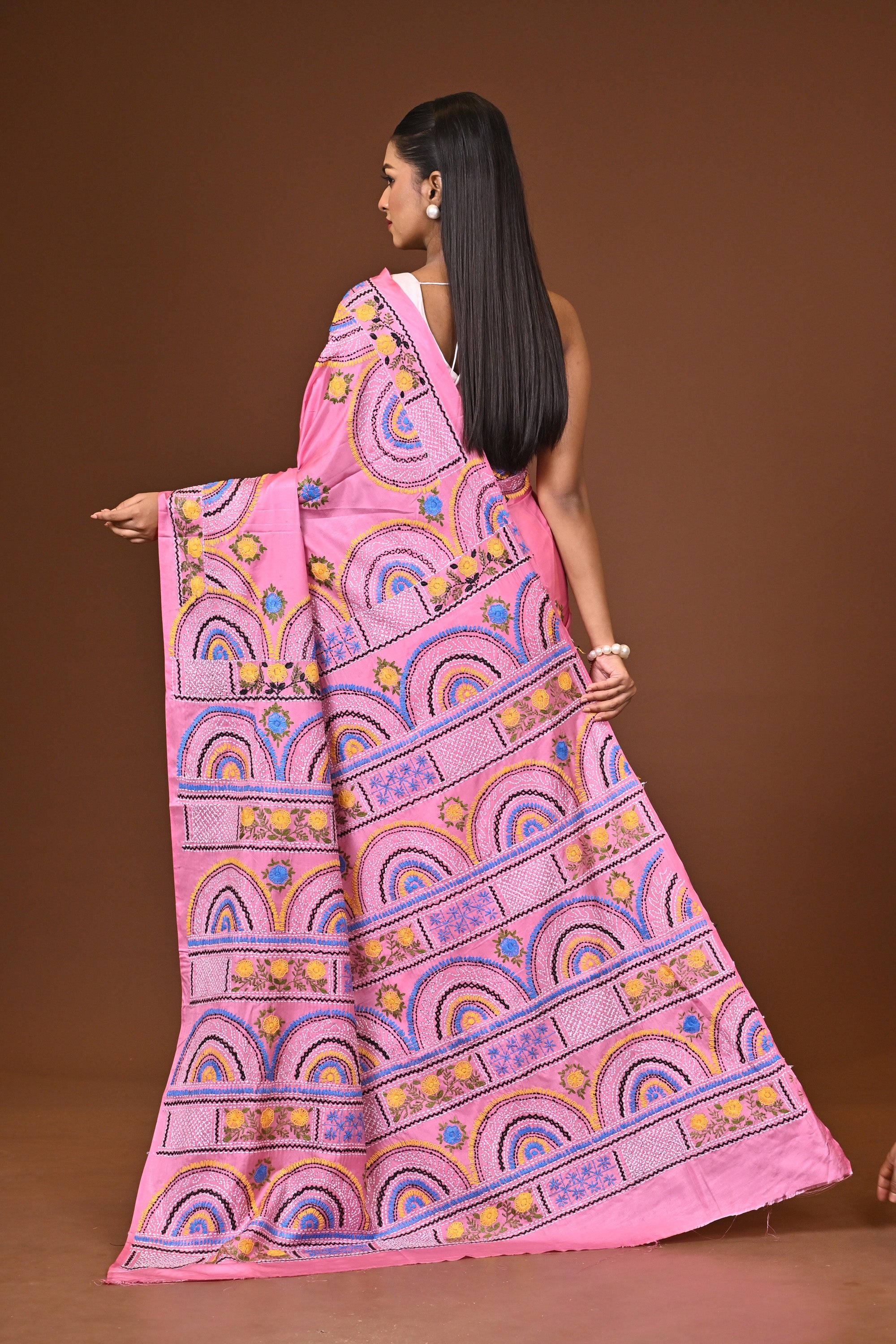 Blended Silk Kantha Stitch Saree Pink Thumbnail