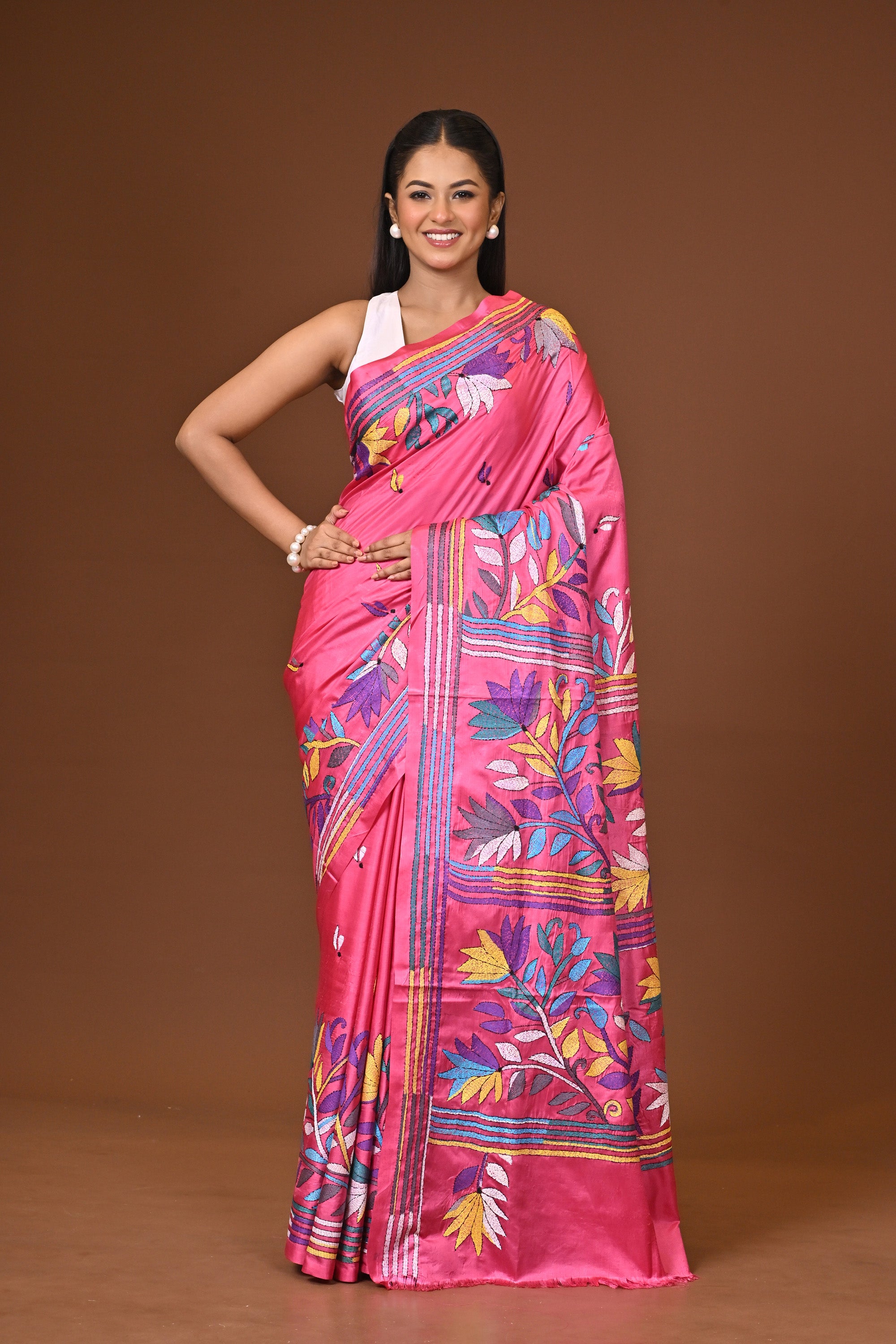 Blended Silk Kantha Stitch Saree Dark Green