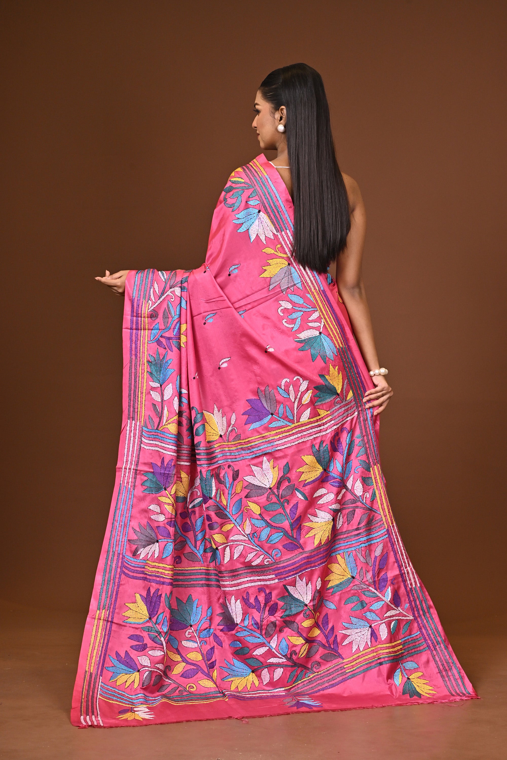 Blended Silk Kantha Stitch Saree Pink Thumbnail