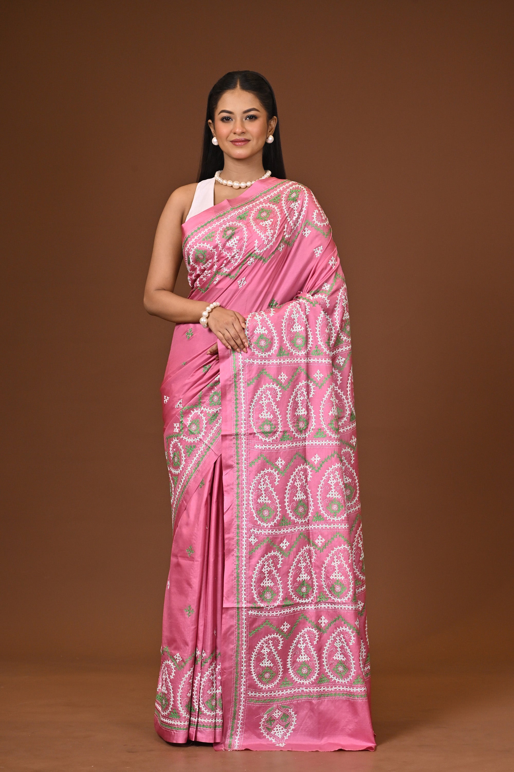 Blended Silk Kantha Stitch Saree Pink