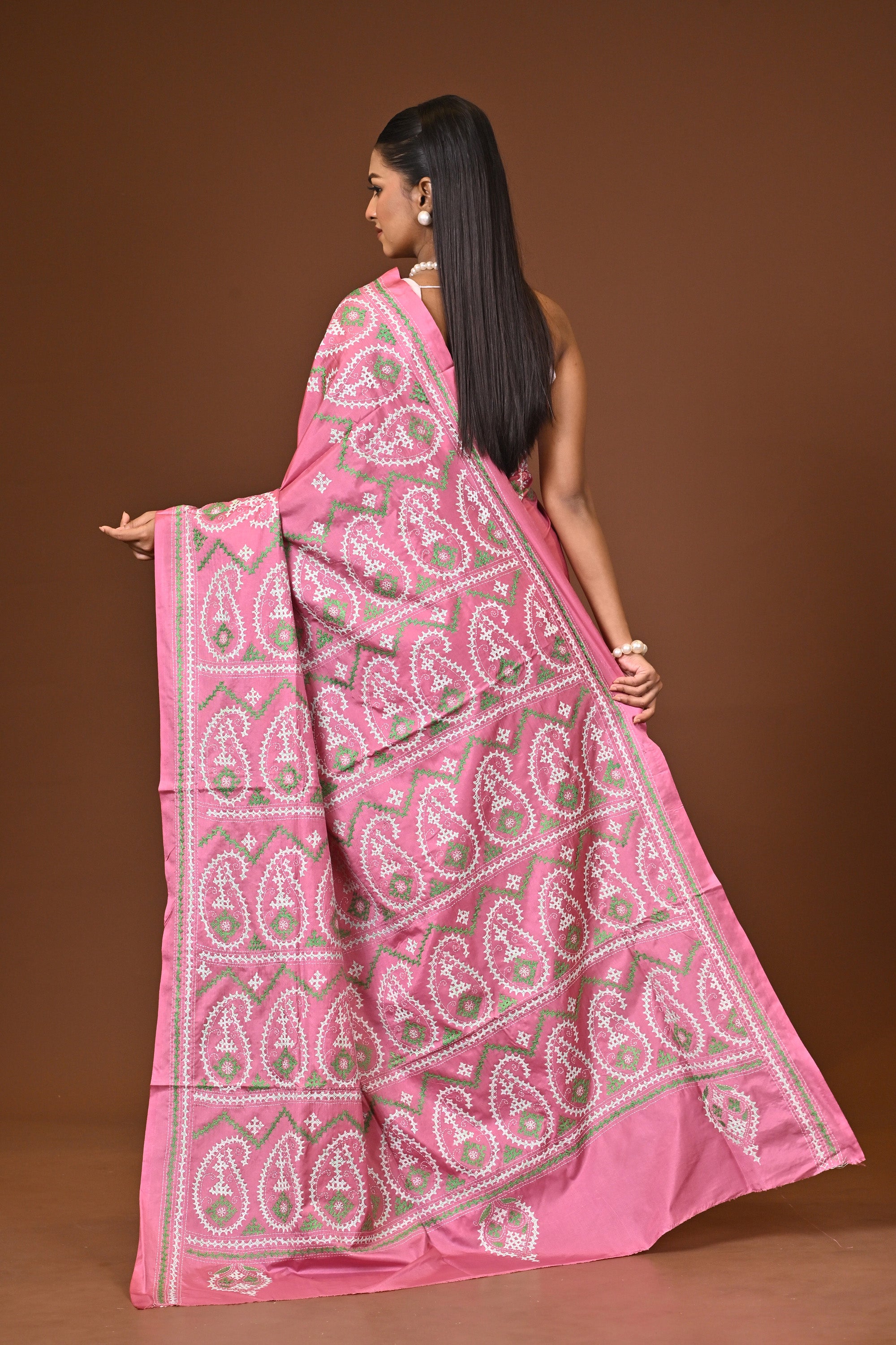Blended Silk Kantha Stitch Saree Pink Thumbnail