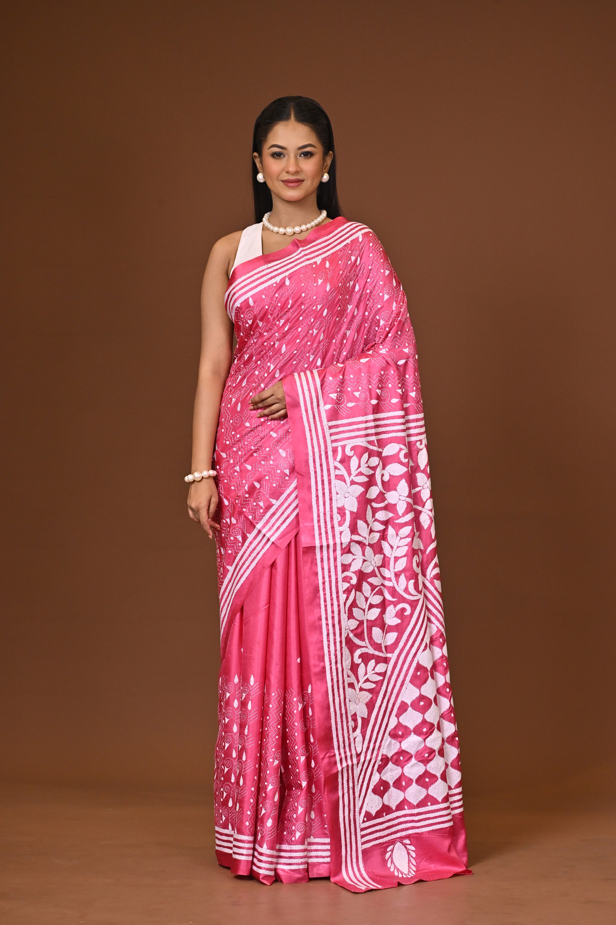 Blended Silk Kantha Stitch Saree Pink