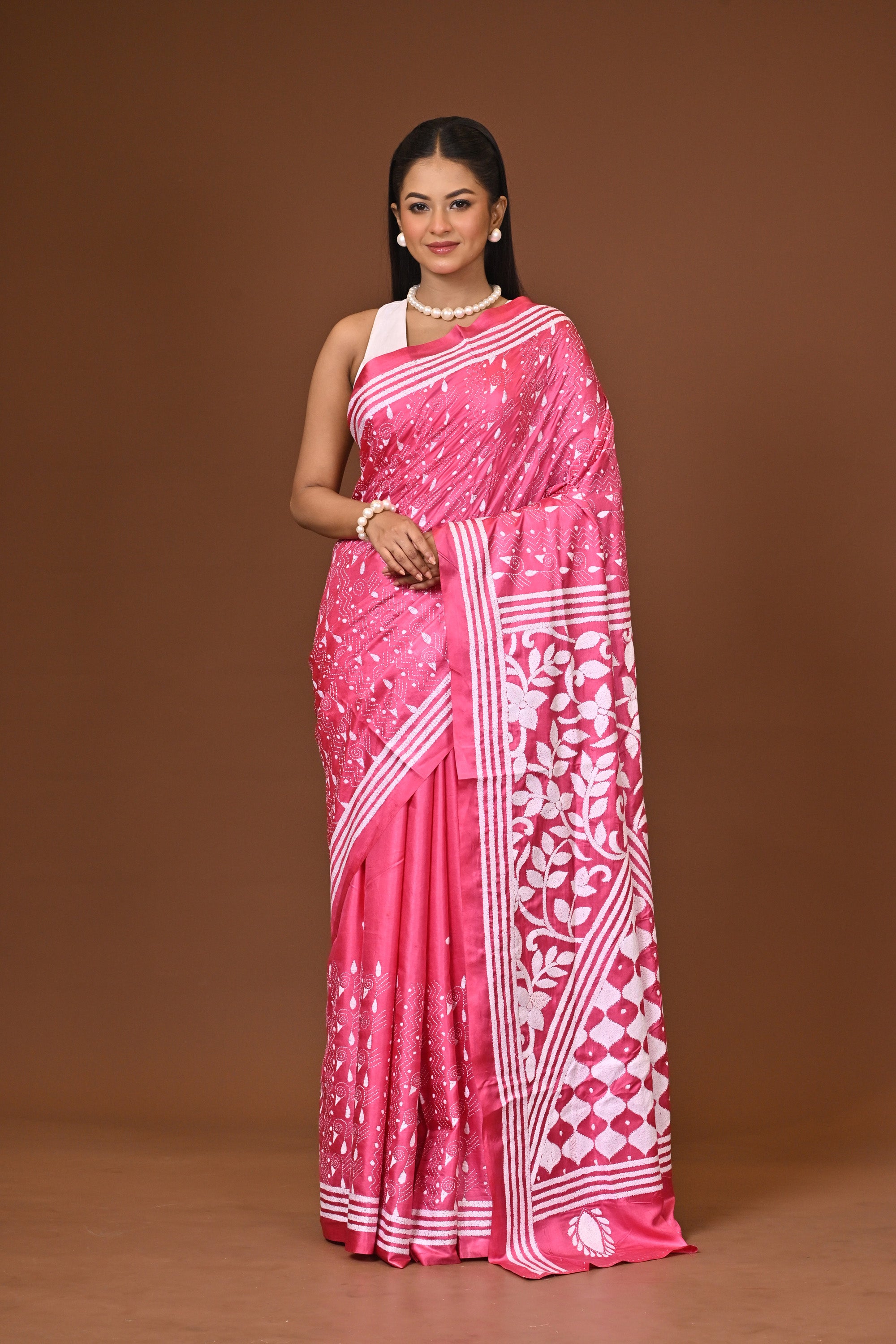 Blended Silk Kantha Stitch Saree Pink Thumbnail