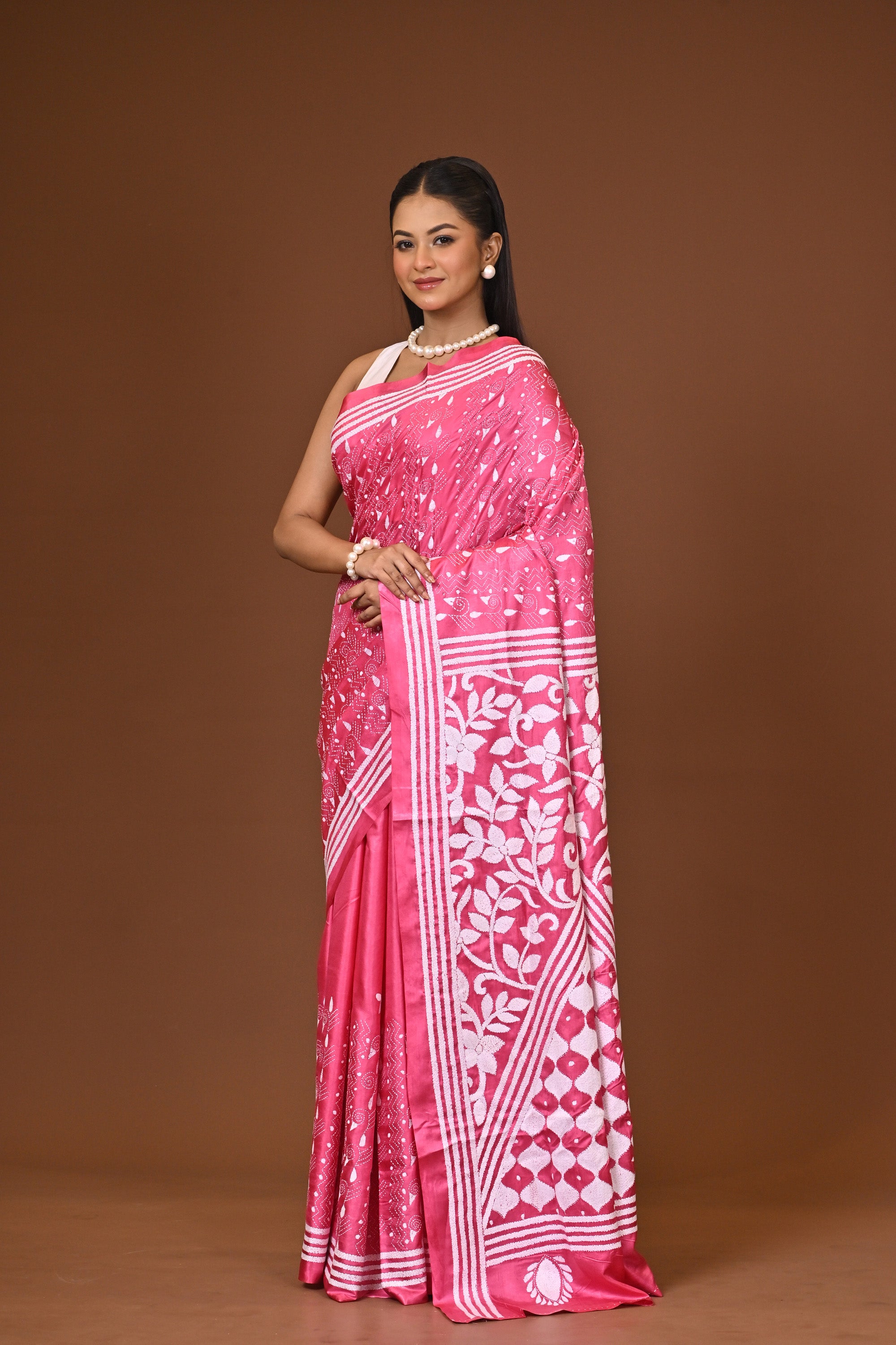 Blended Silk Kantha Stitch Saree Pink Thumbnail