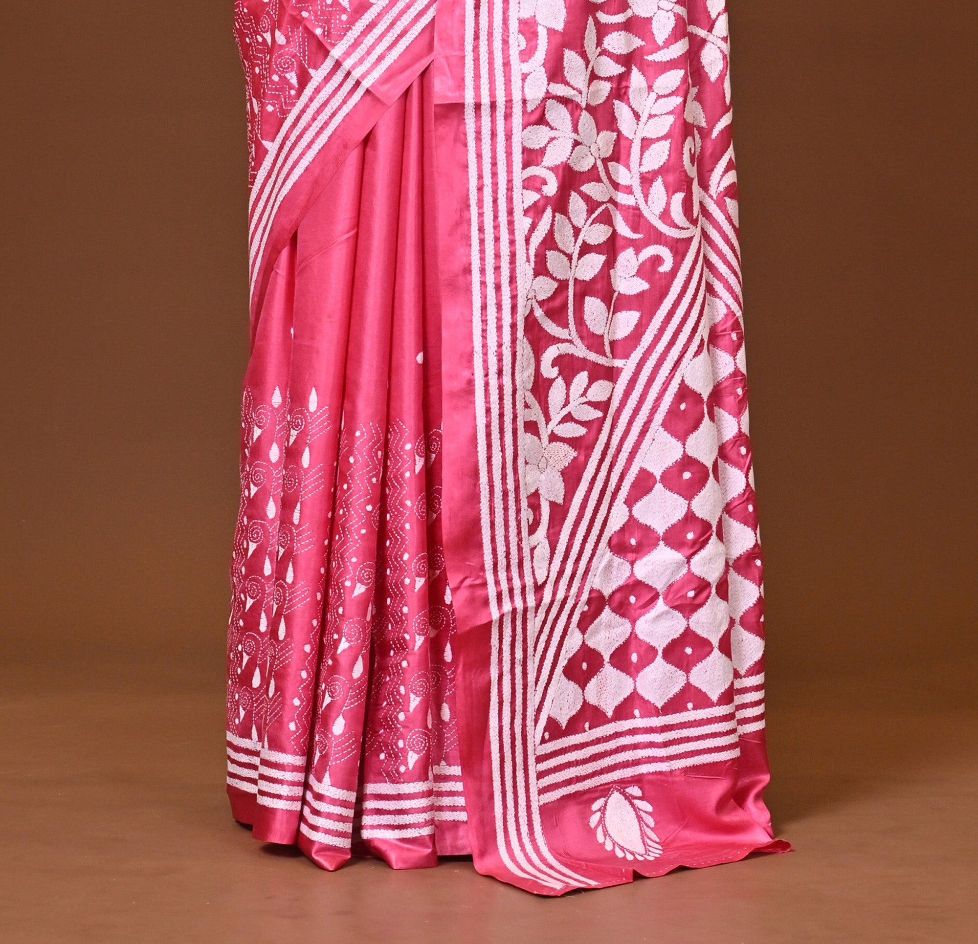 Blended Silk Kantha Stitch Saree Pink Thumbnail
