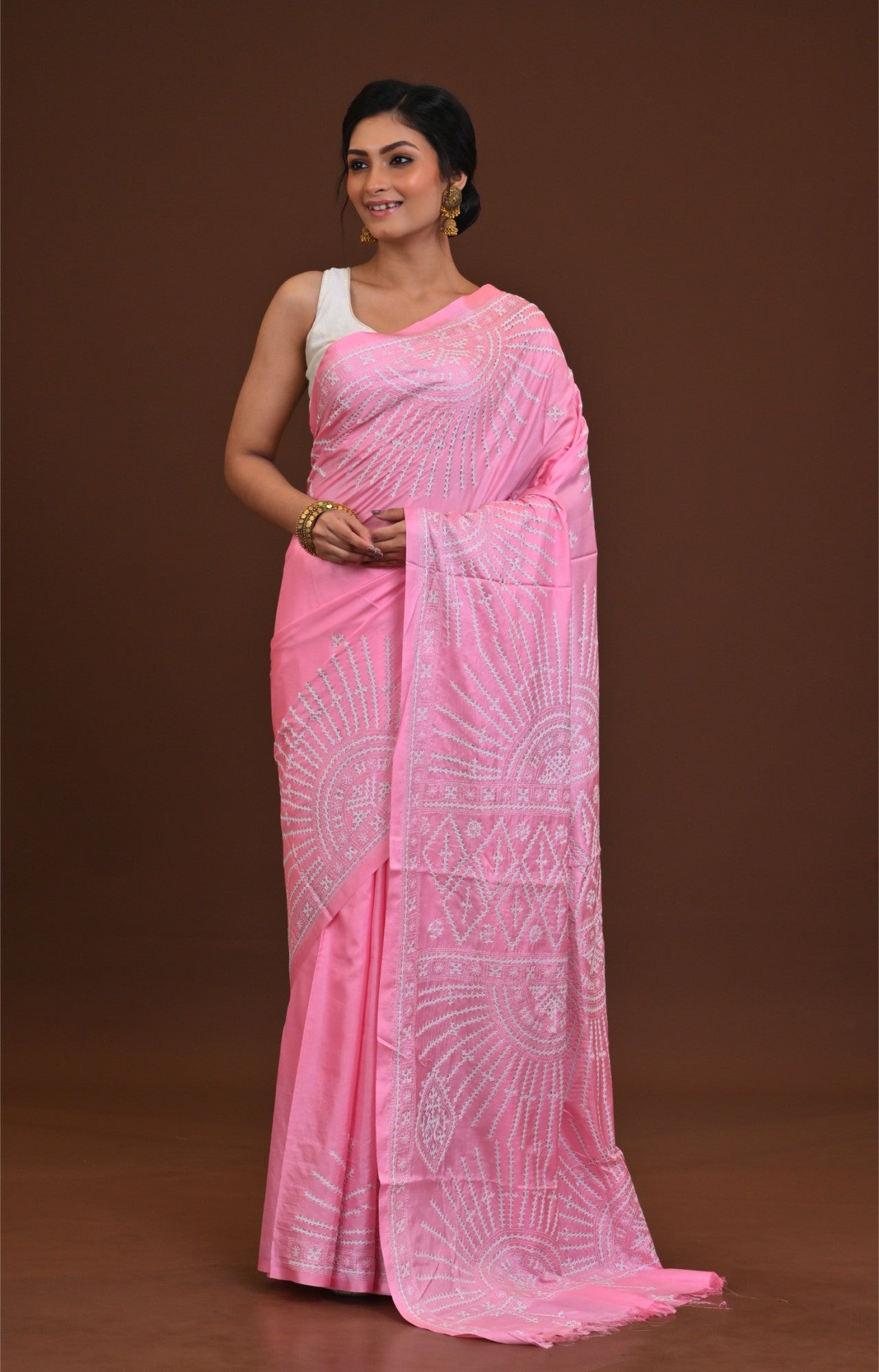 Blended Silk Kantha Stitch Saree Pink Thumbnail