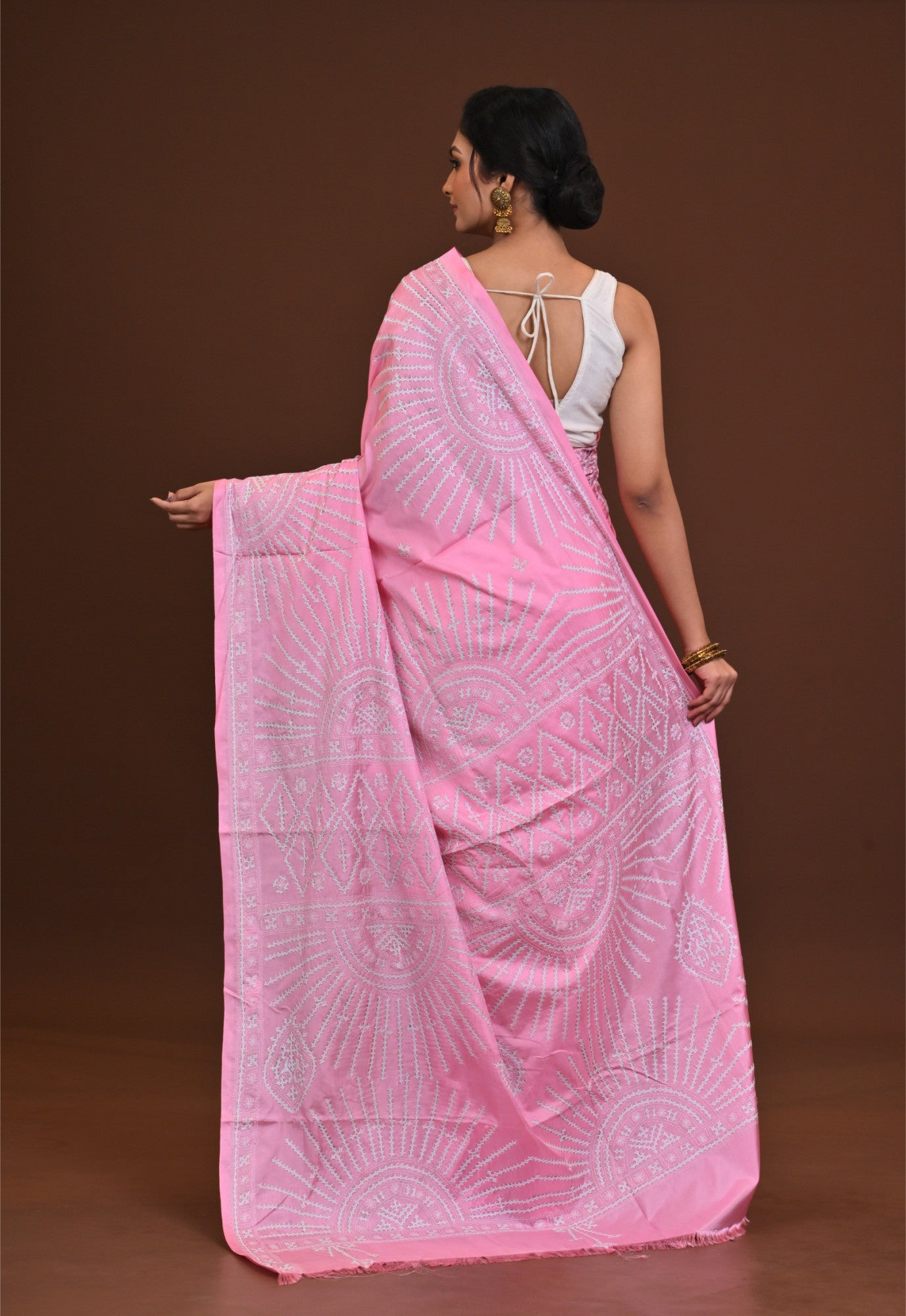 Blended Silk Kantha Stitch Saree Pink Thumbnail