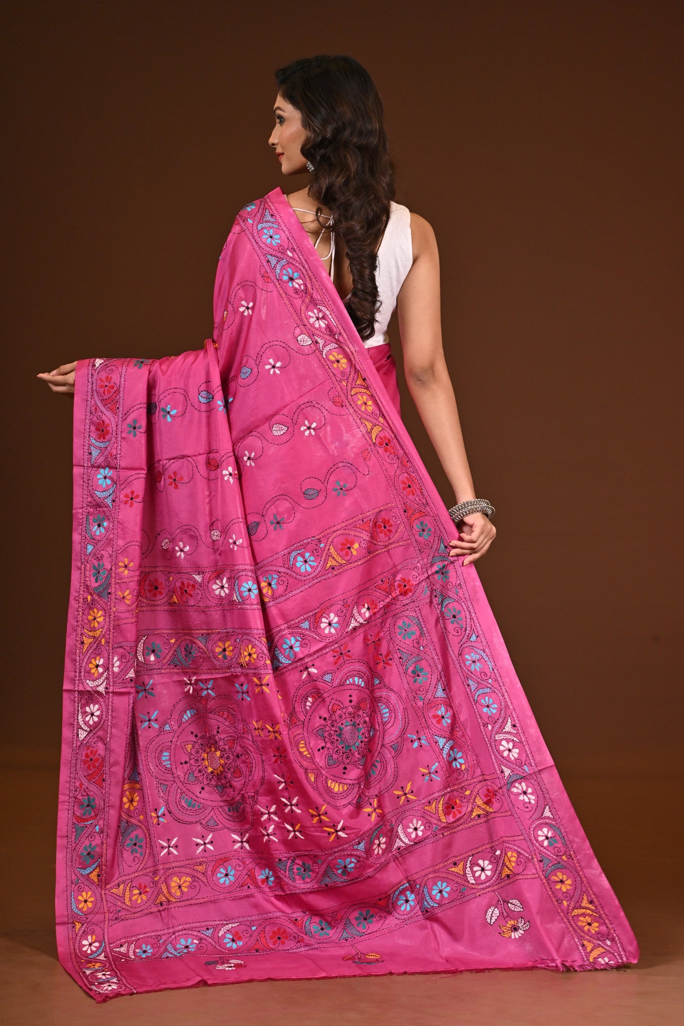 Blended Silk Kantha Stitch Saree Pink Thumbnail