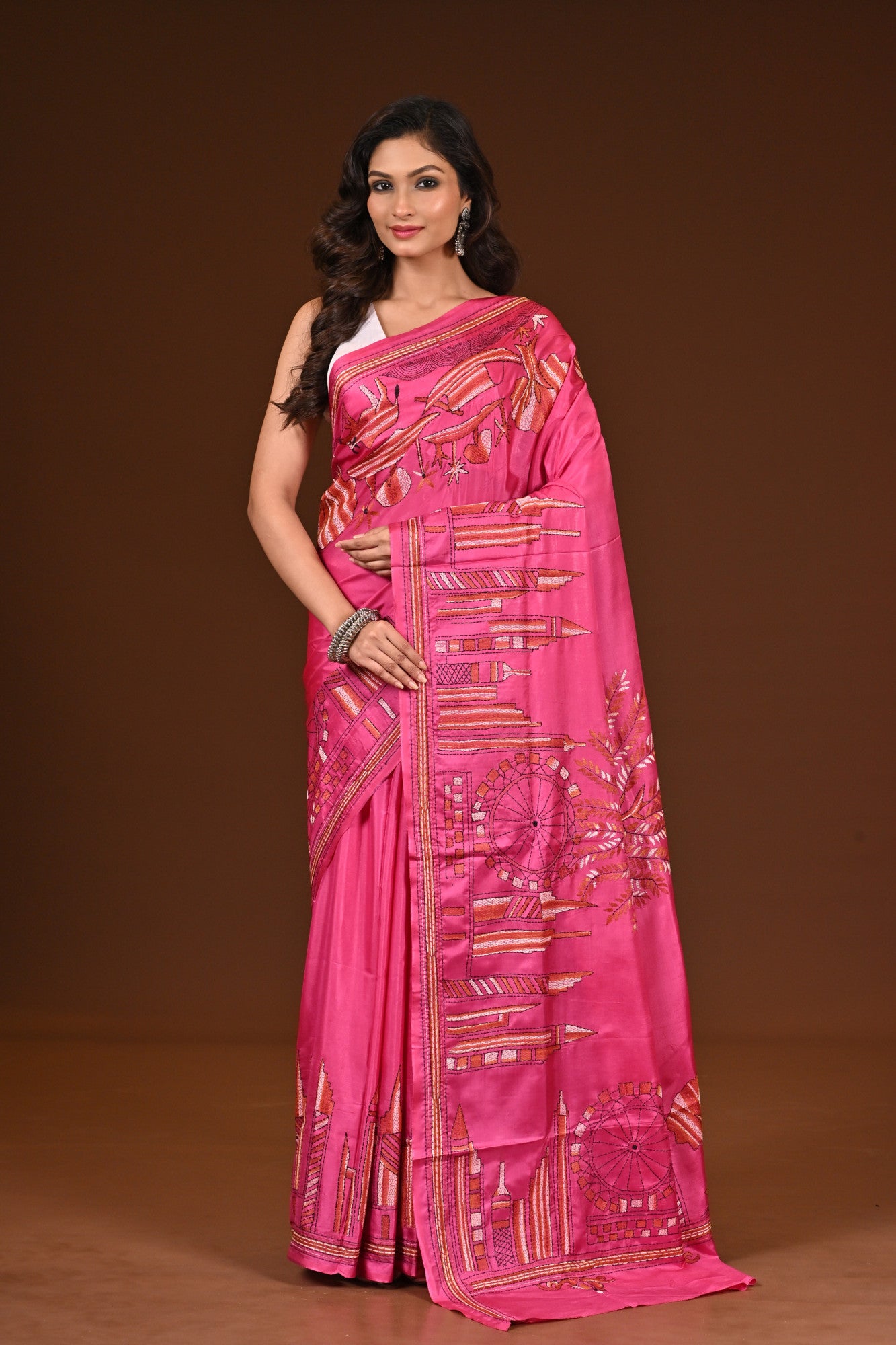Blended Silk Kantha Stitch Saree Pink