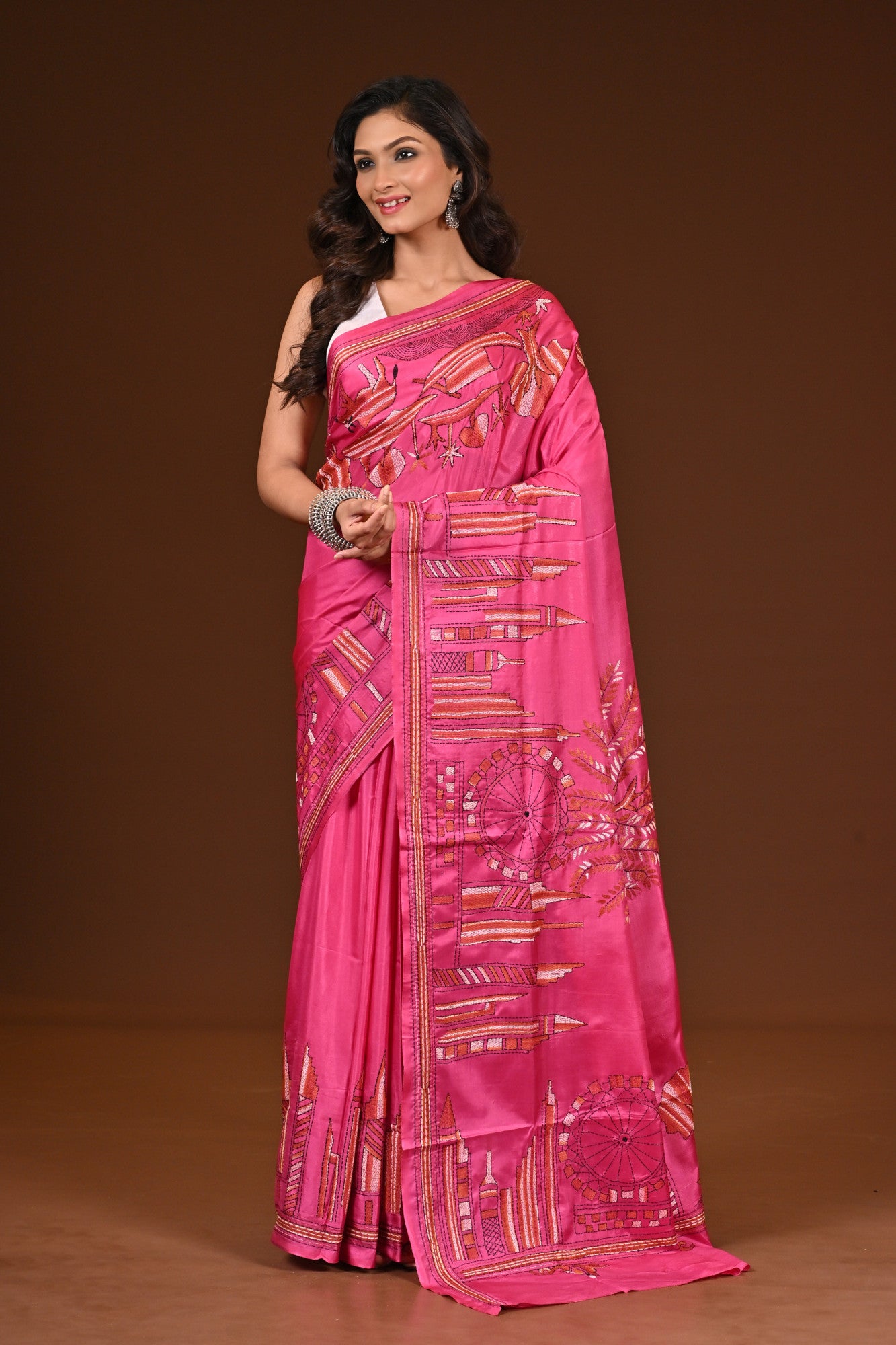 Blended Silk Kantha Stitch Saree Pink Thumbnail