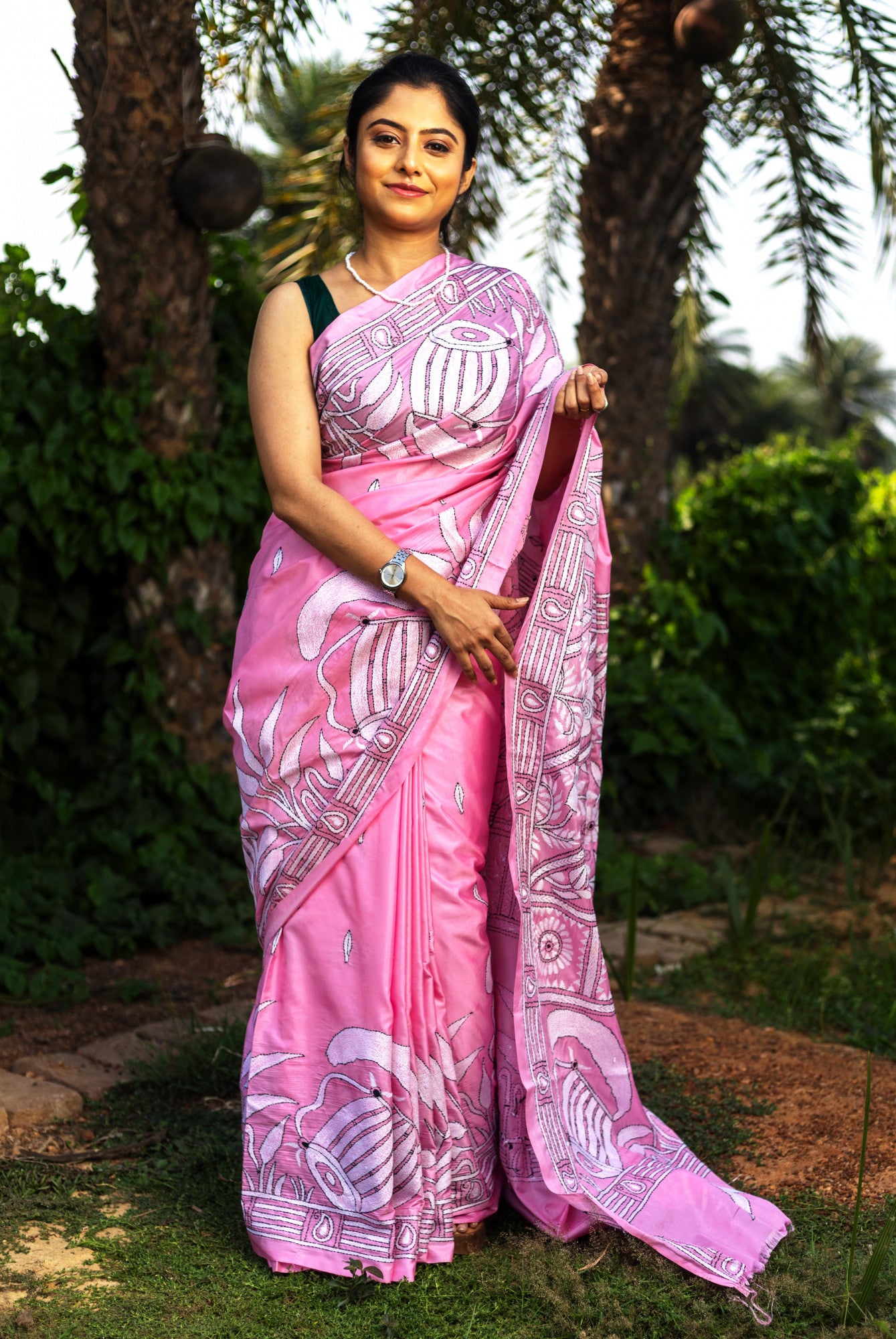 Blended Silk Kantha Stitch Saree Pink