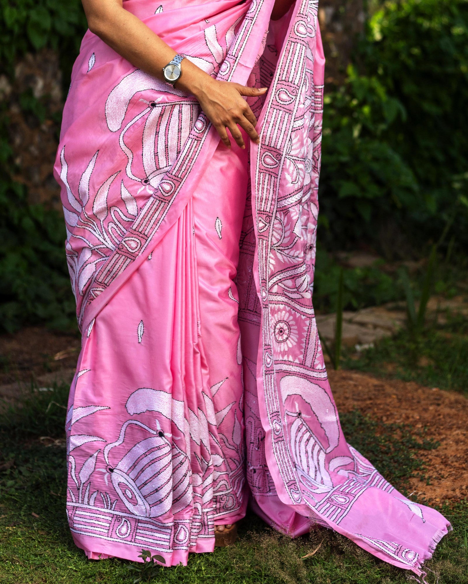Blended Silk Kantha Stitch Saree Pink Thumbnail