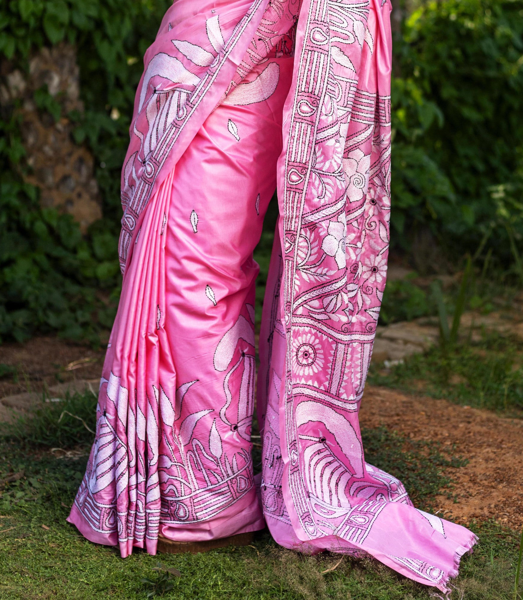 Blended Silk Kantha Stitch Saree Pink Thumbnail
