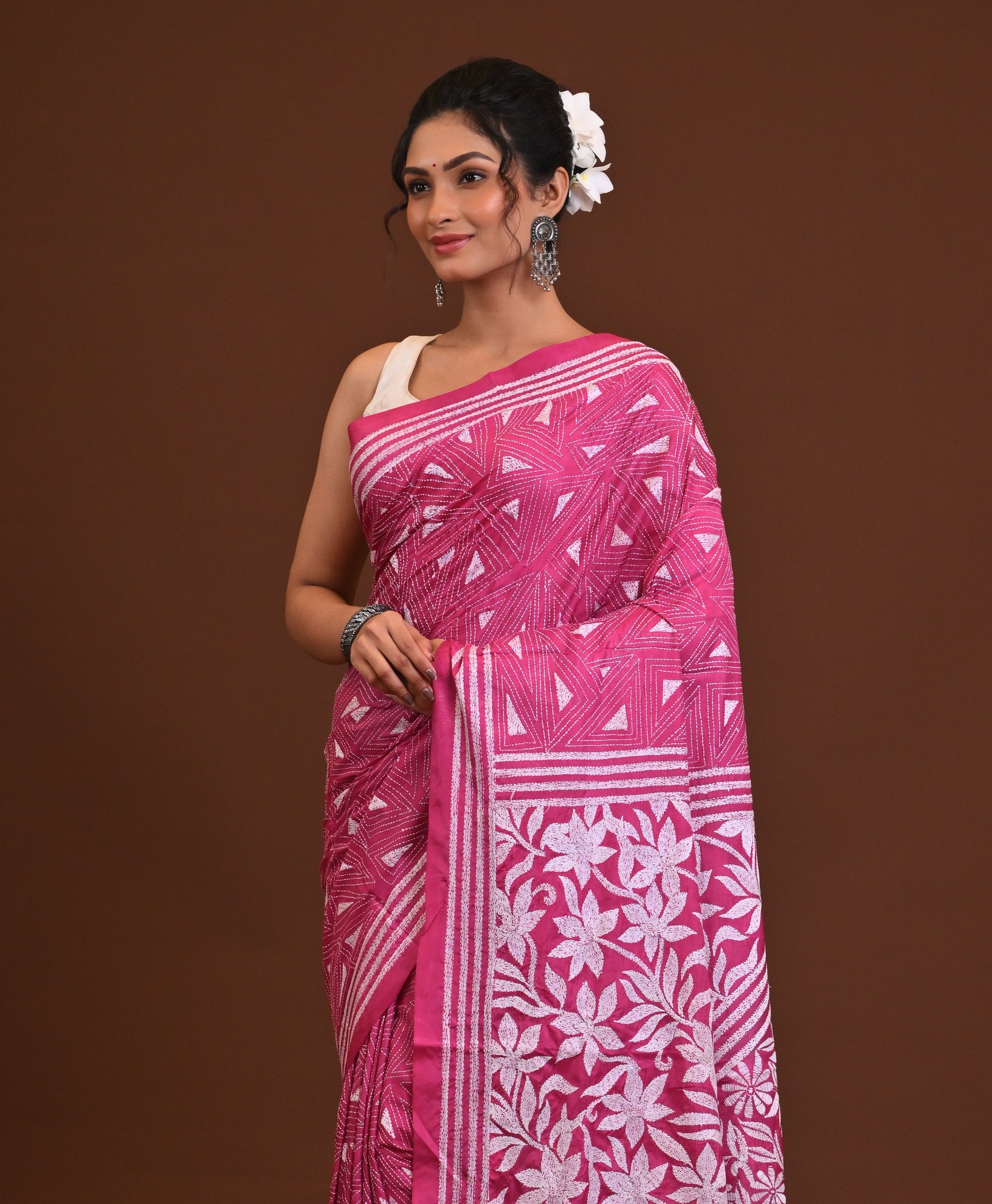 Blended Silk Kantha Stitch Saree Pink
