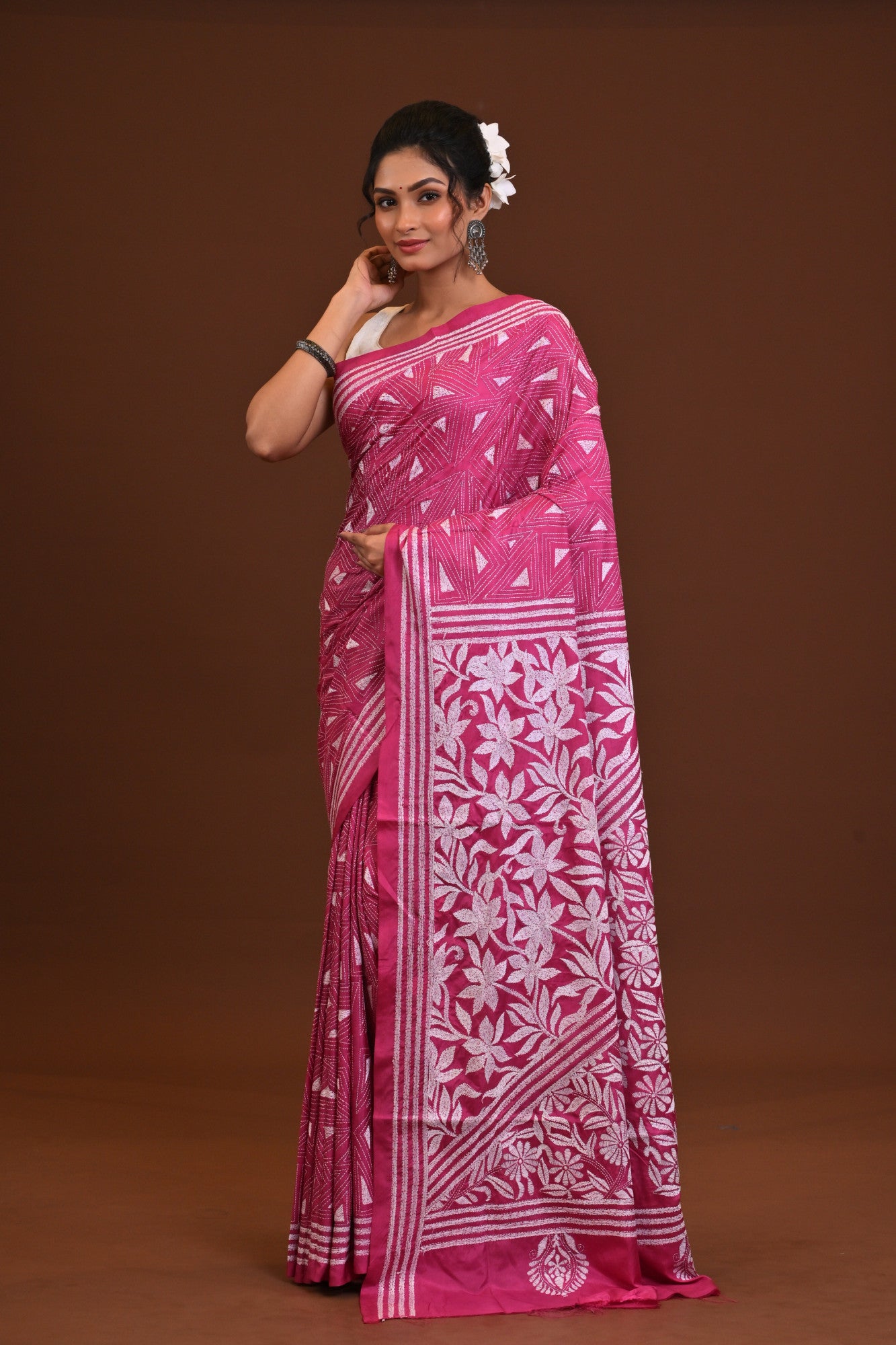 Blended Silk Kantha Stitch Saree Pink Thumbnail