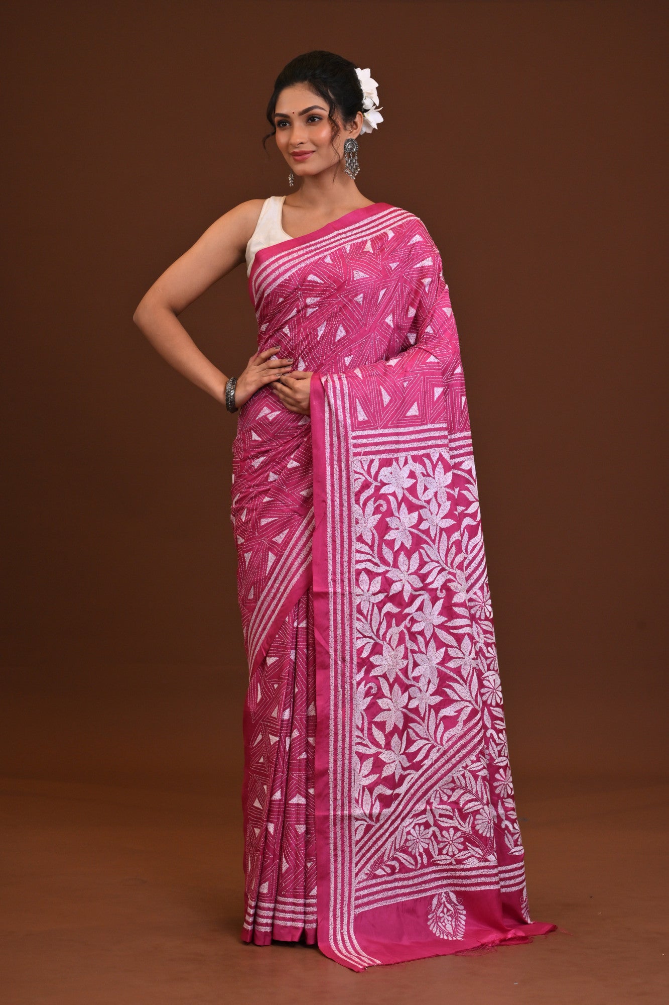 Blended Silk Kantha Stitch Saree Pink Thumbnail
