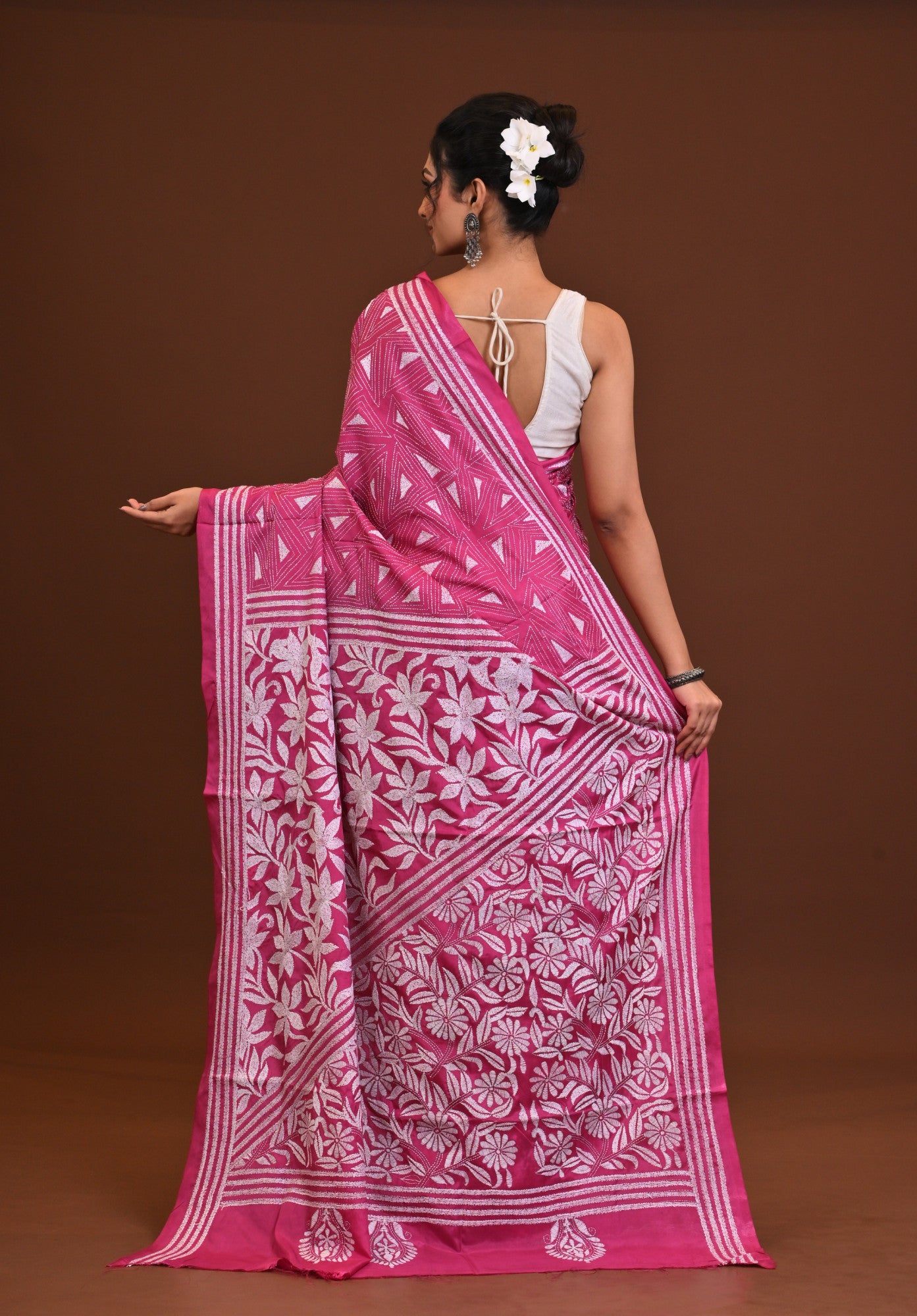 Blended Silk Kantha Stitch Saree Pink Thumbnail