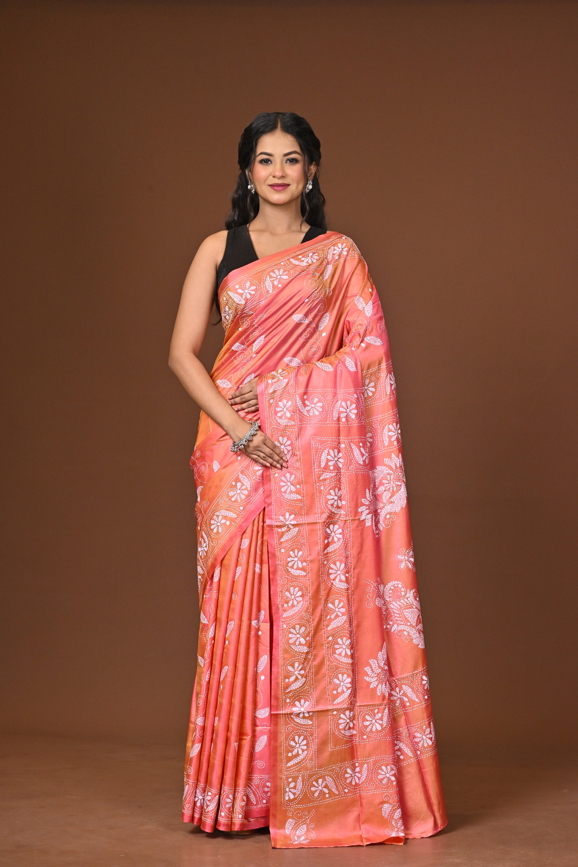 Blended Silk Kantha Stitch Saree Pink