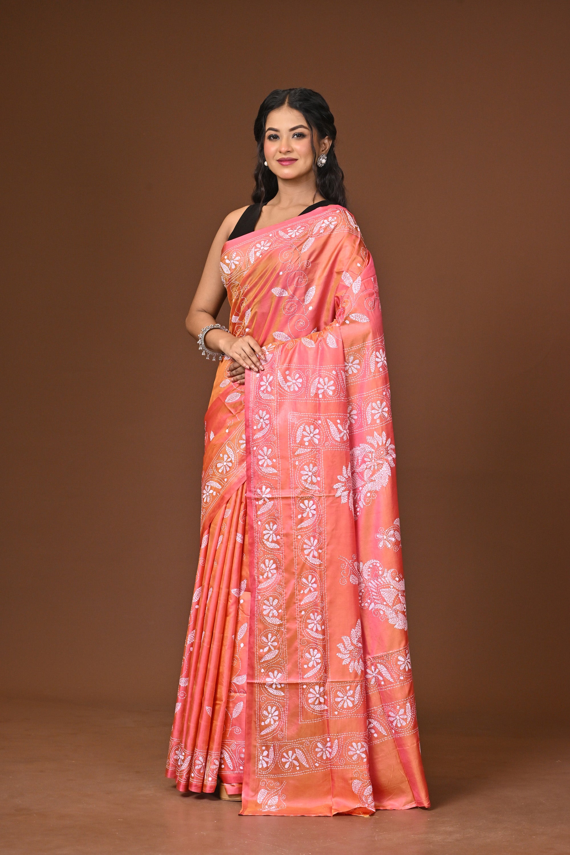 Blended Silk Kantha Stitch Saree Pink Thumbnail