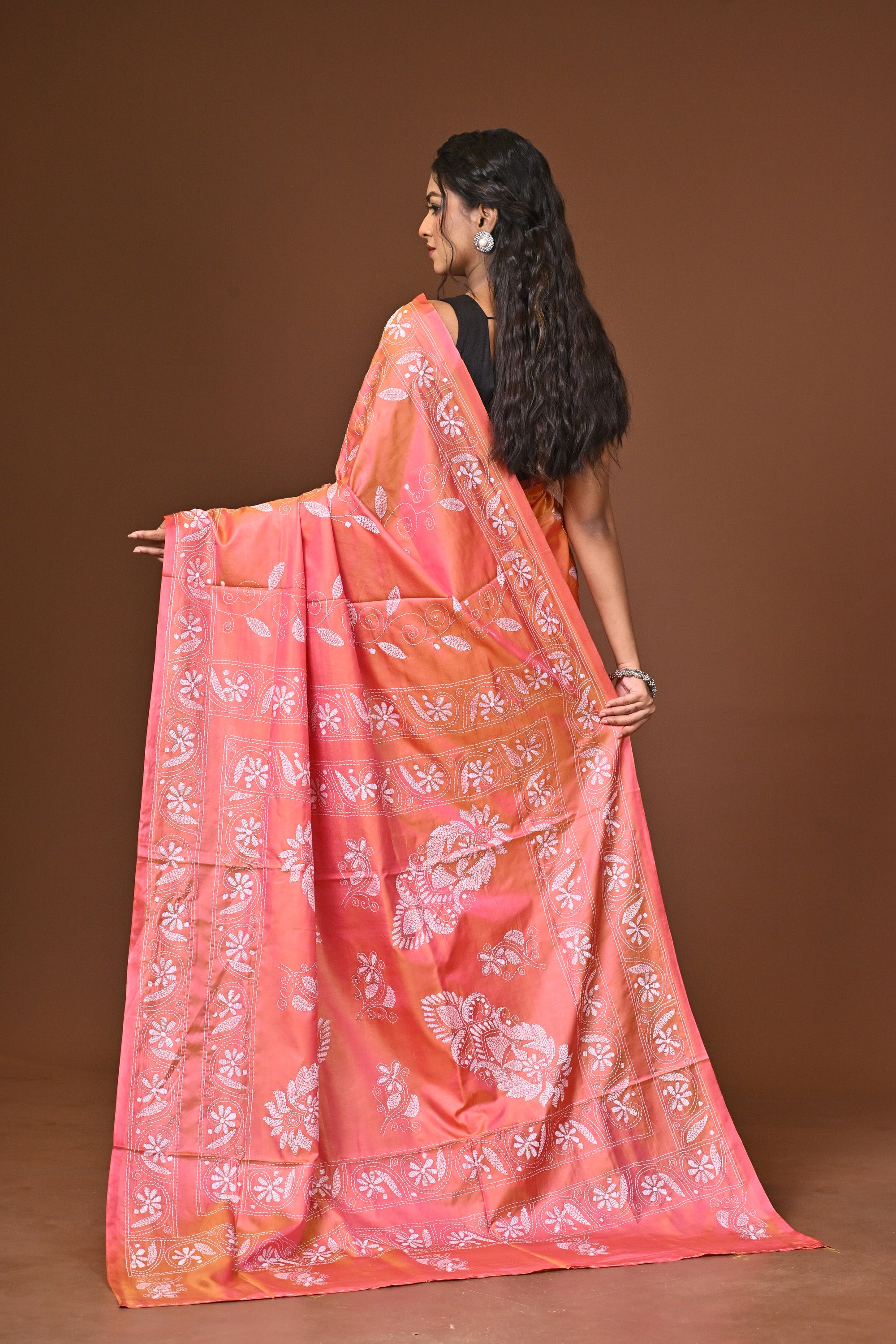 Blended Silk Kantha Stitch Saree Pink Thumbnail