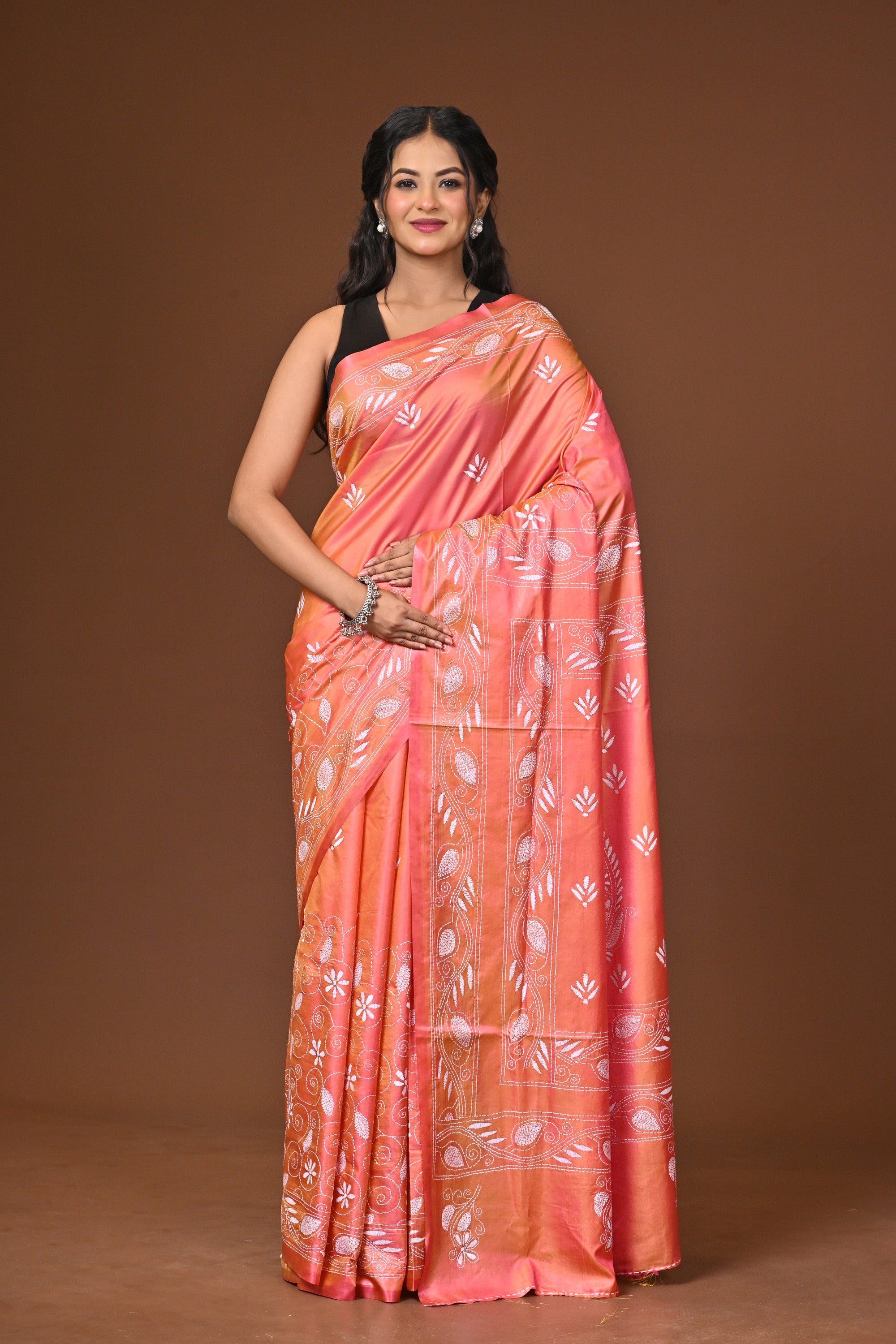 Blended Silk Kantha Stitch Saree Pink Thumbnail