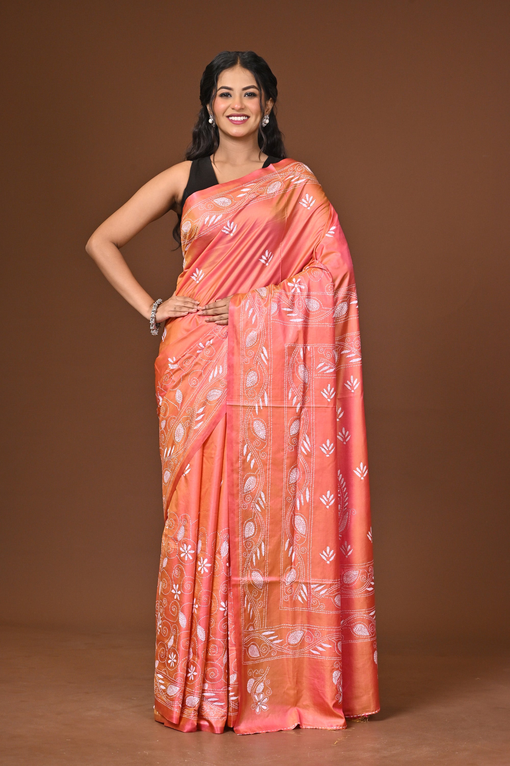 Blended Silk Kantha Stitch Saree Pink Thumbnail