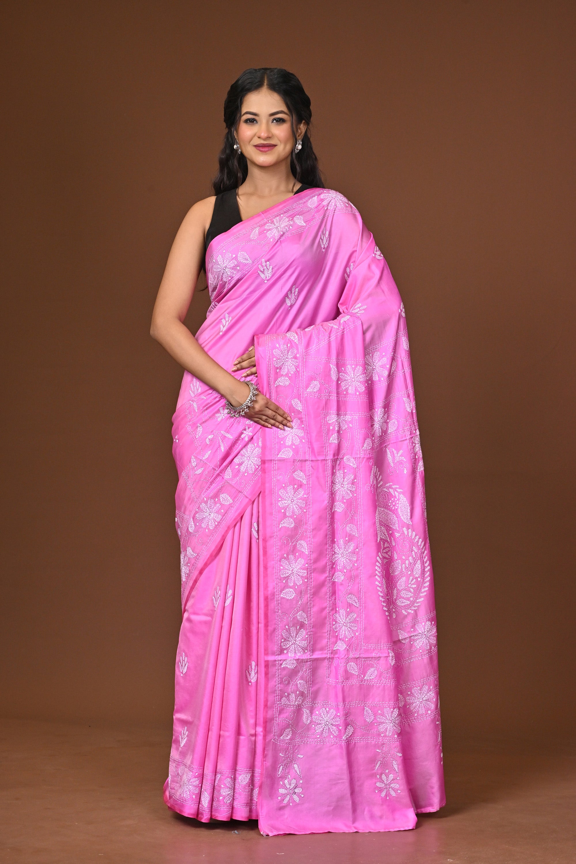 Blended Silk Kantha Stitch Saree Pink