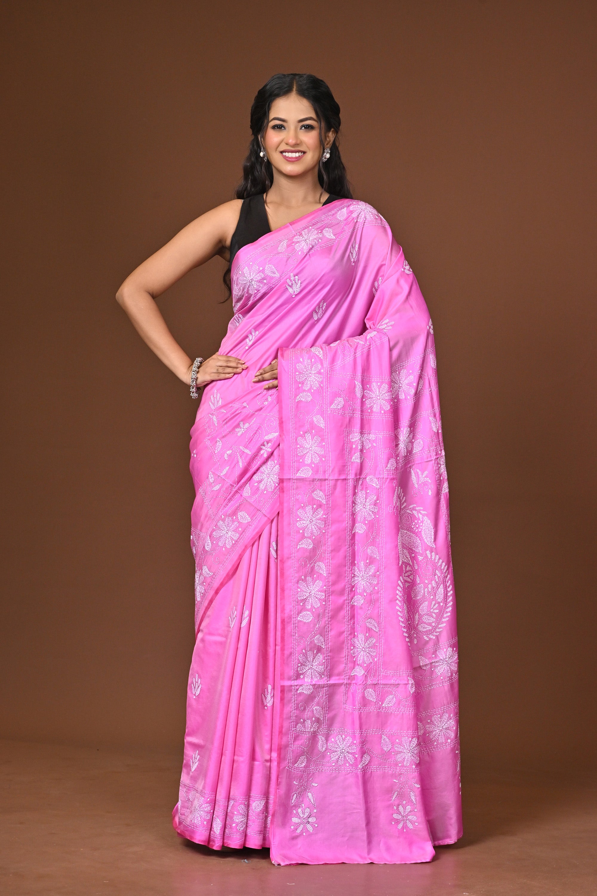 Blended Silk Kantha Stitch Saree Pink Thumbnail