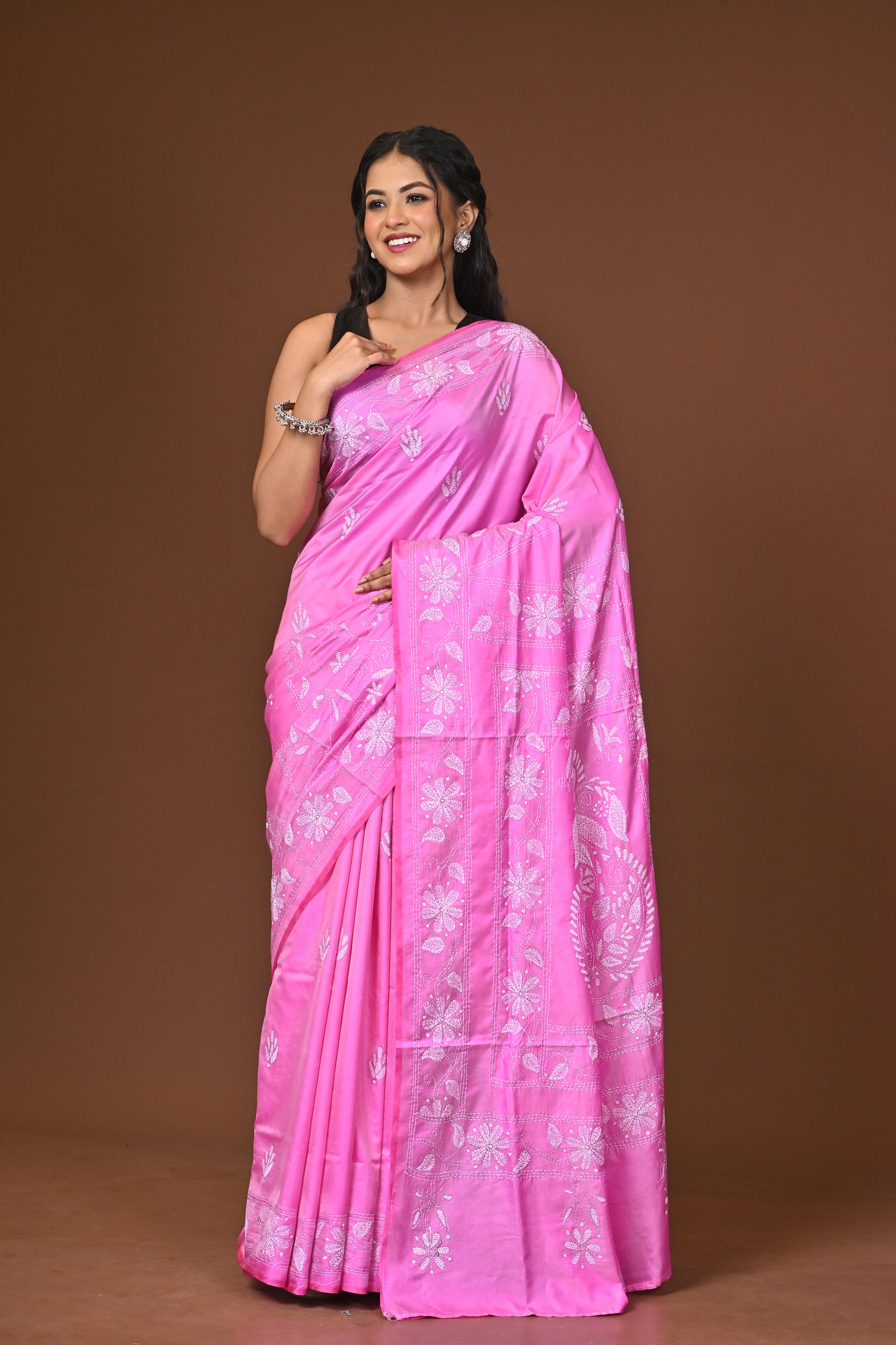 Blended Silk Kantha Stitch Saree Pink Thumbnail