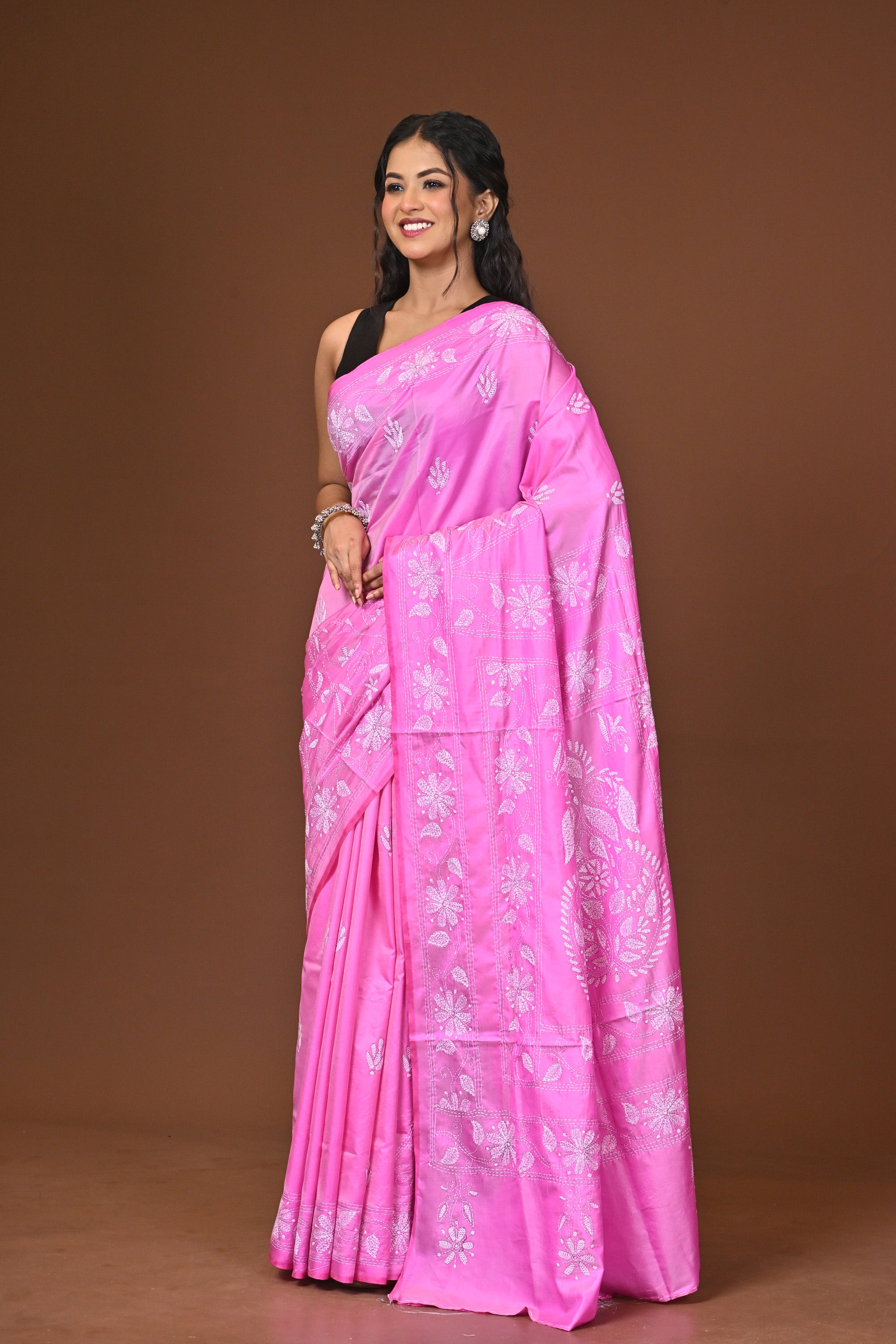 Blended Silk Kantha Stitch Saree Pink Thumbnail