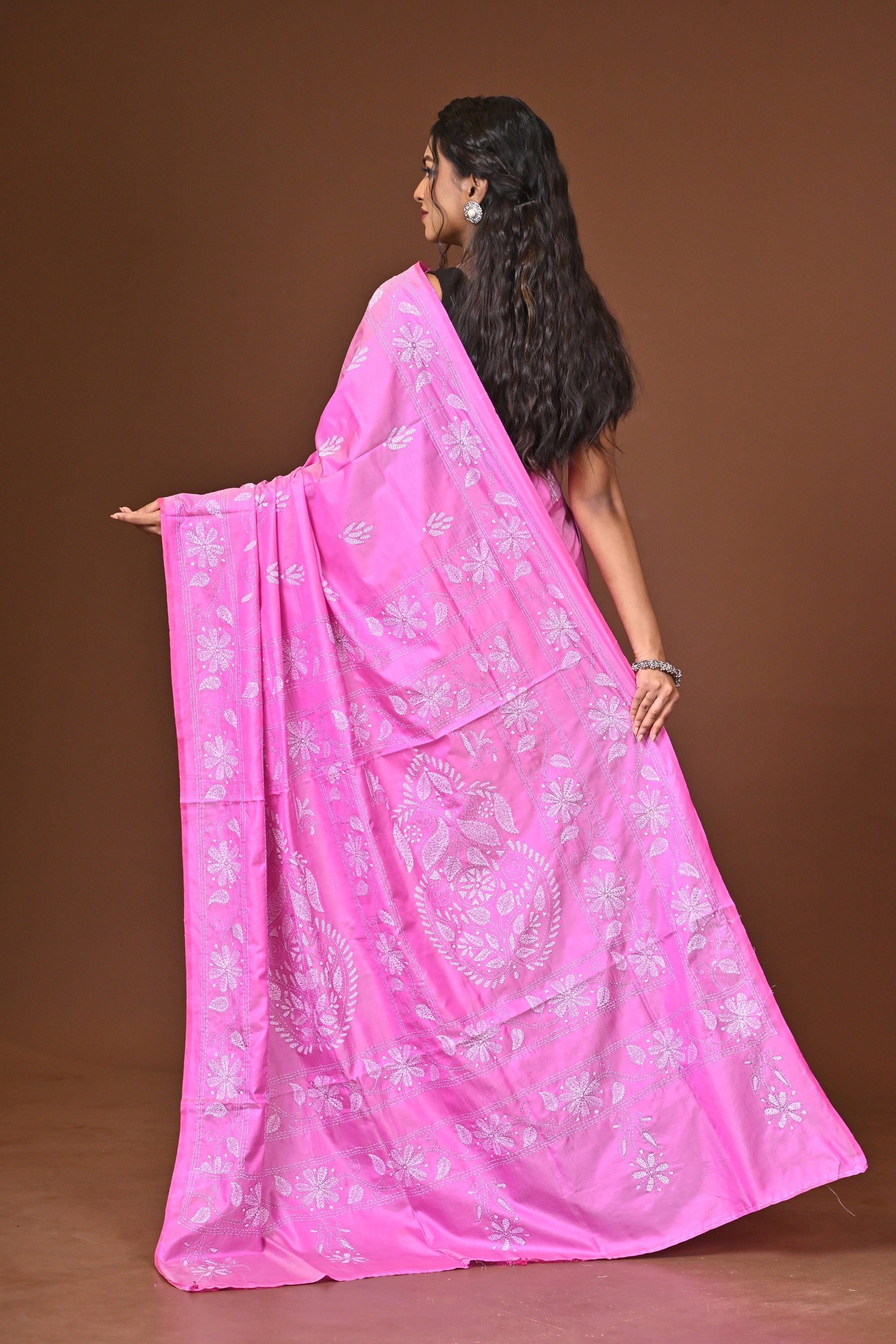 Blended Silk Kantha Stitch Saree Pink Thumbnail