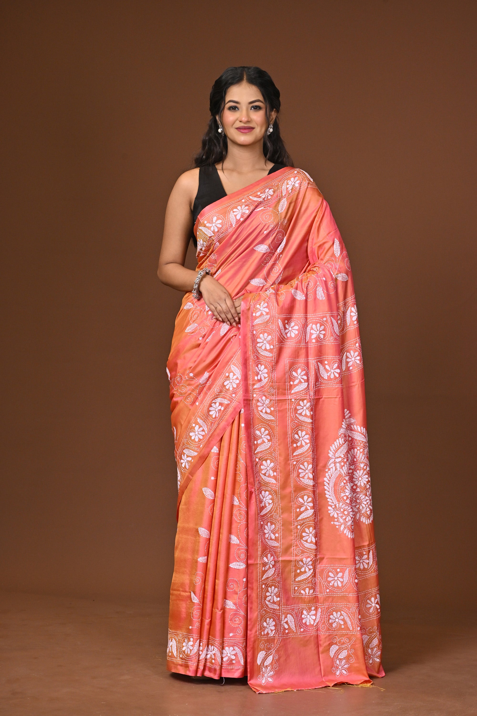 Blended Silk Kantha Stitch Saree Pink Thumbnail