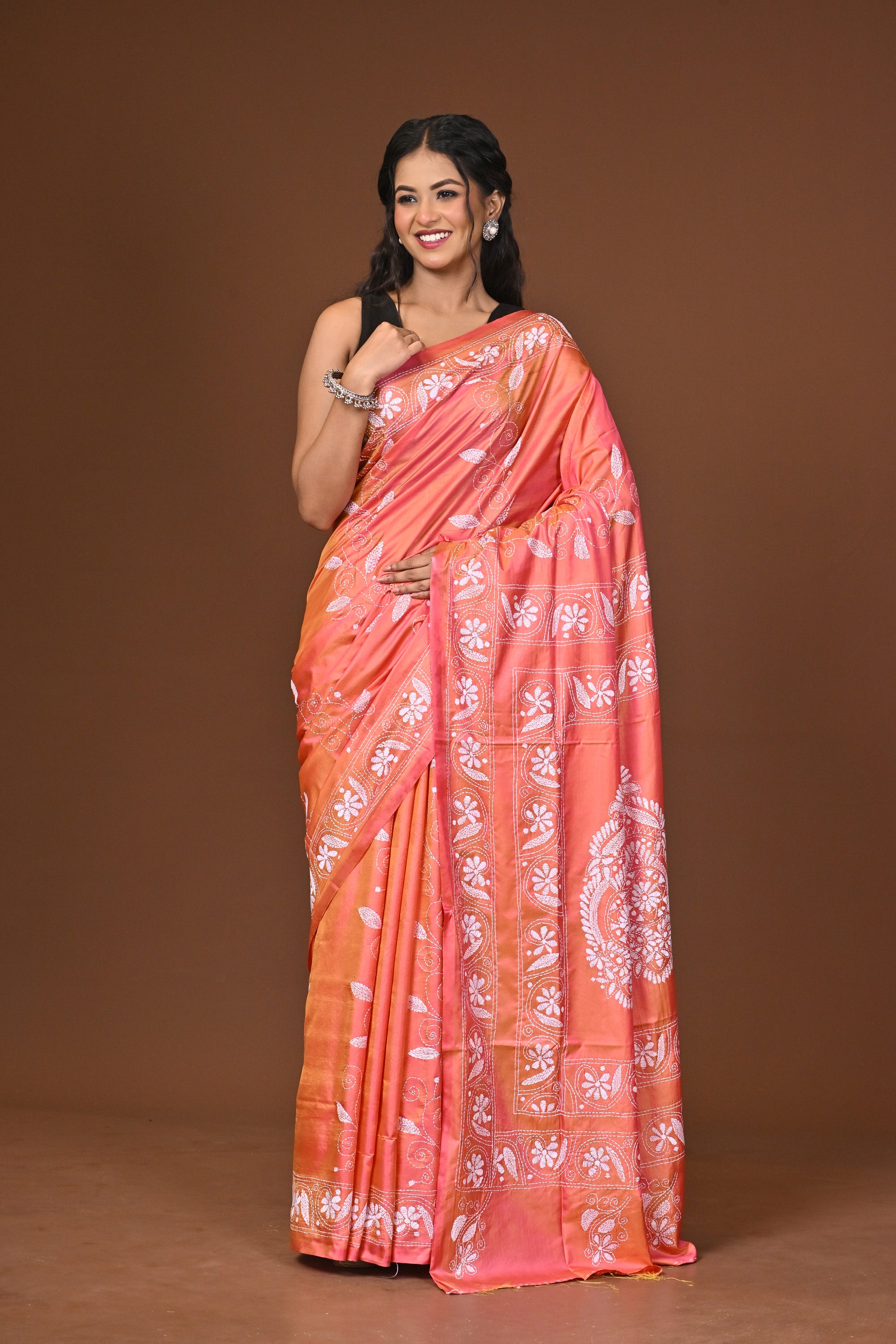 Blended Silk Kantha Stitch Saree Pink Thumbnail