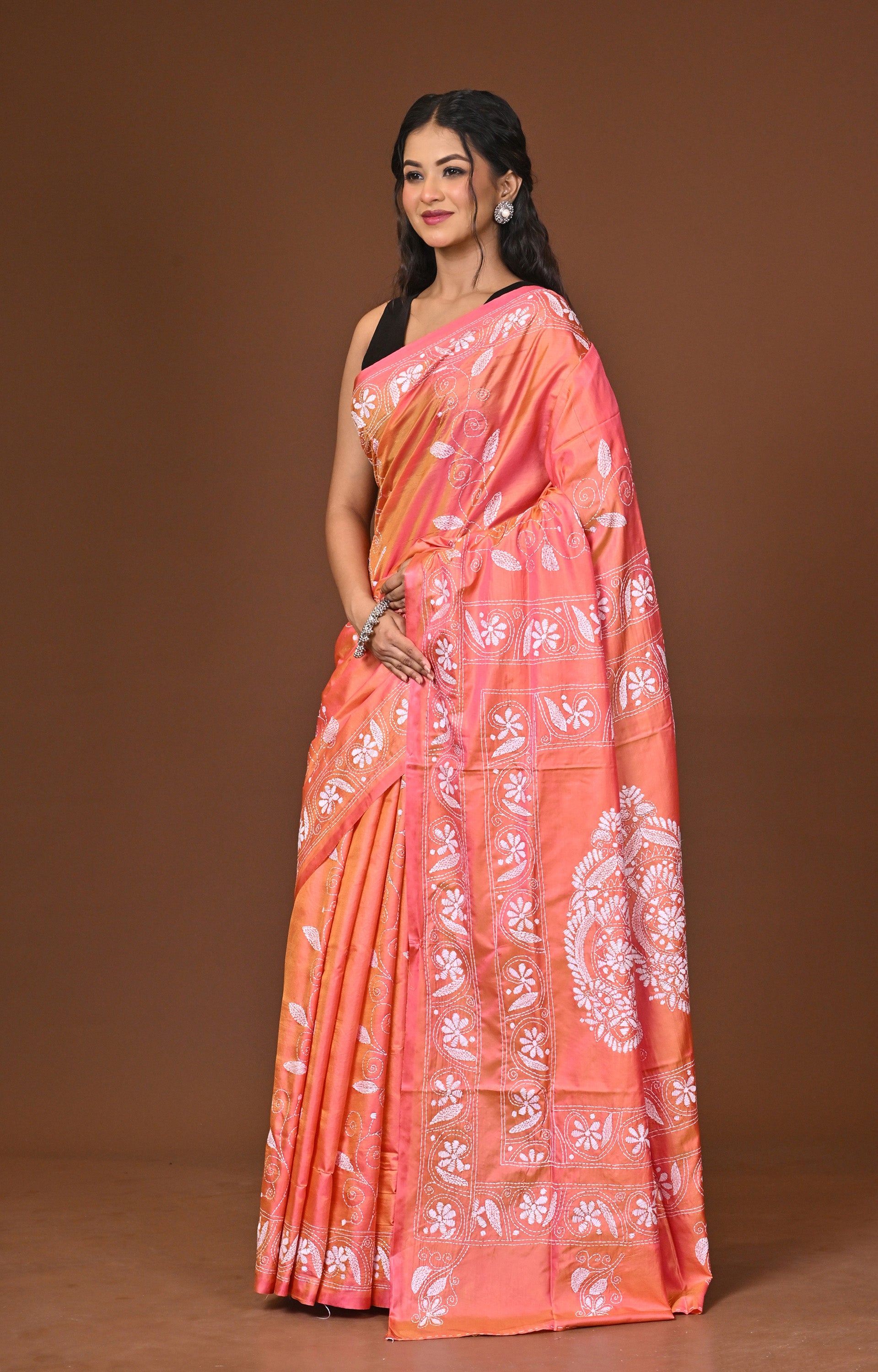 Blended Silk Kantha Stitch Saree Pink Thumbnail