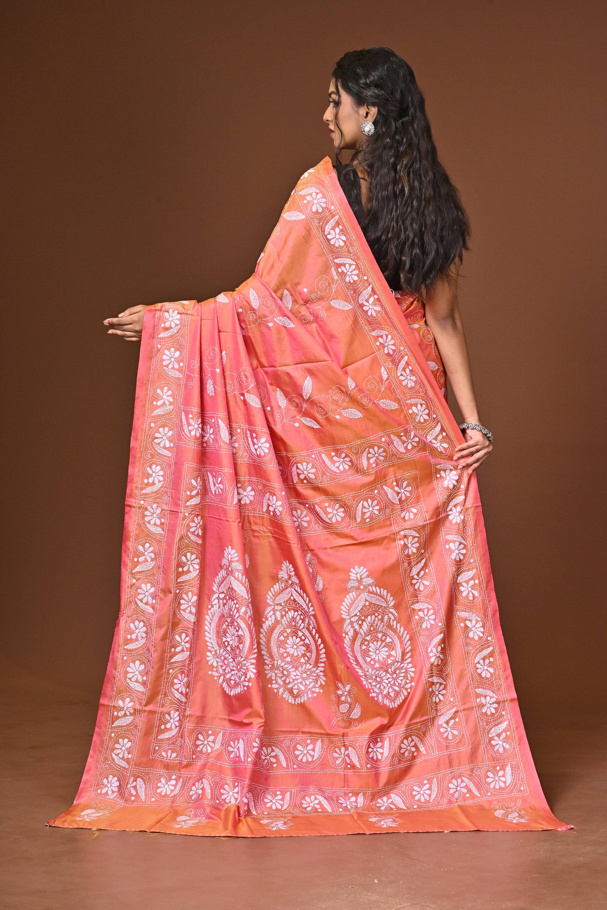 Blended Silk Kantha Stitch Saree Pink Thumbnail