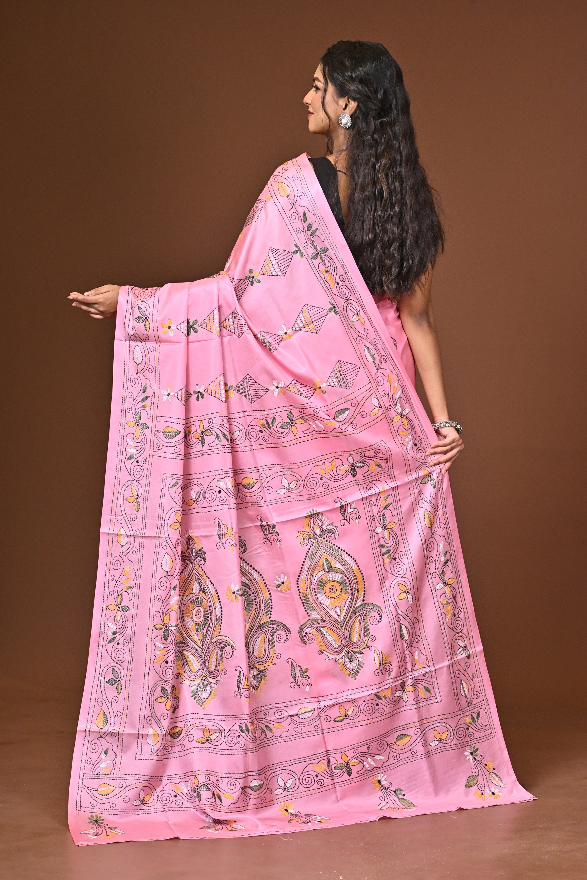 Blended Silk Kantha Stitch Saree Pink Thumbnail