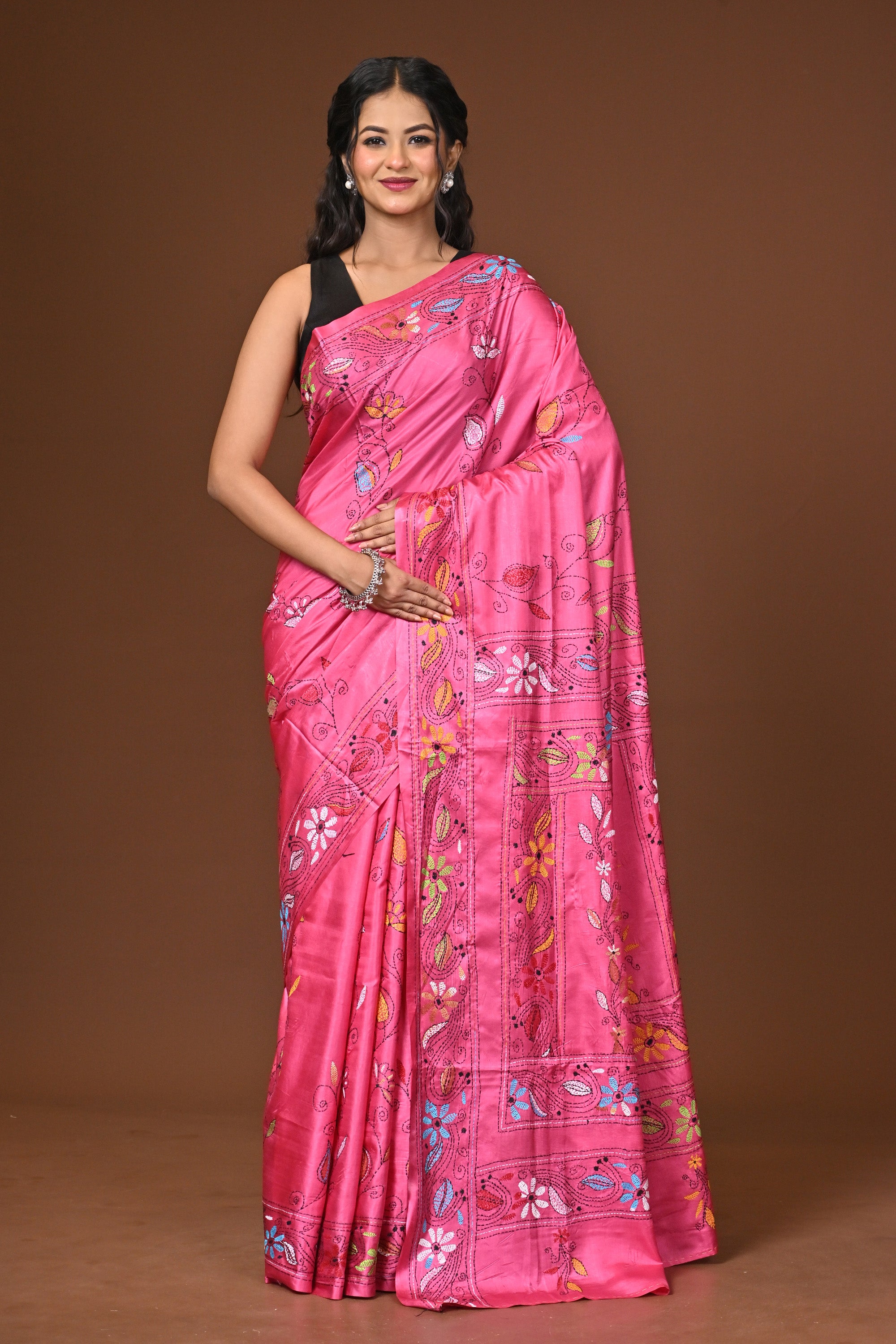 Blended Silk Kantha Stitch Saree Pink Thumbnail