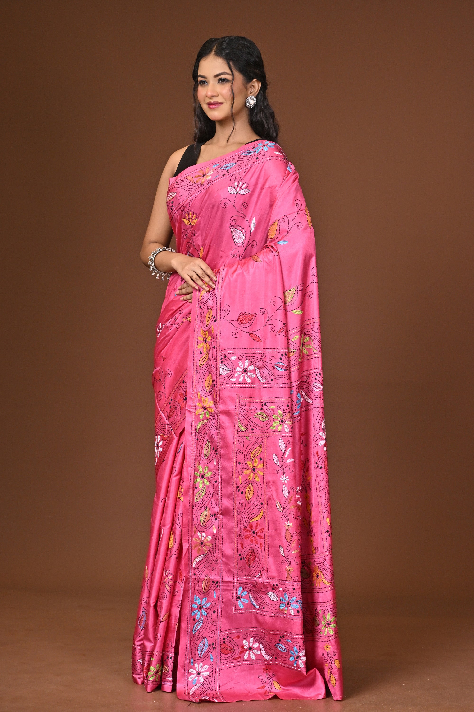 Blended Silk Kantha Stitch Saree Pink Thumbnail