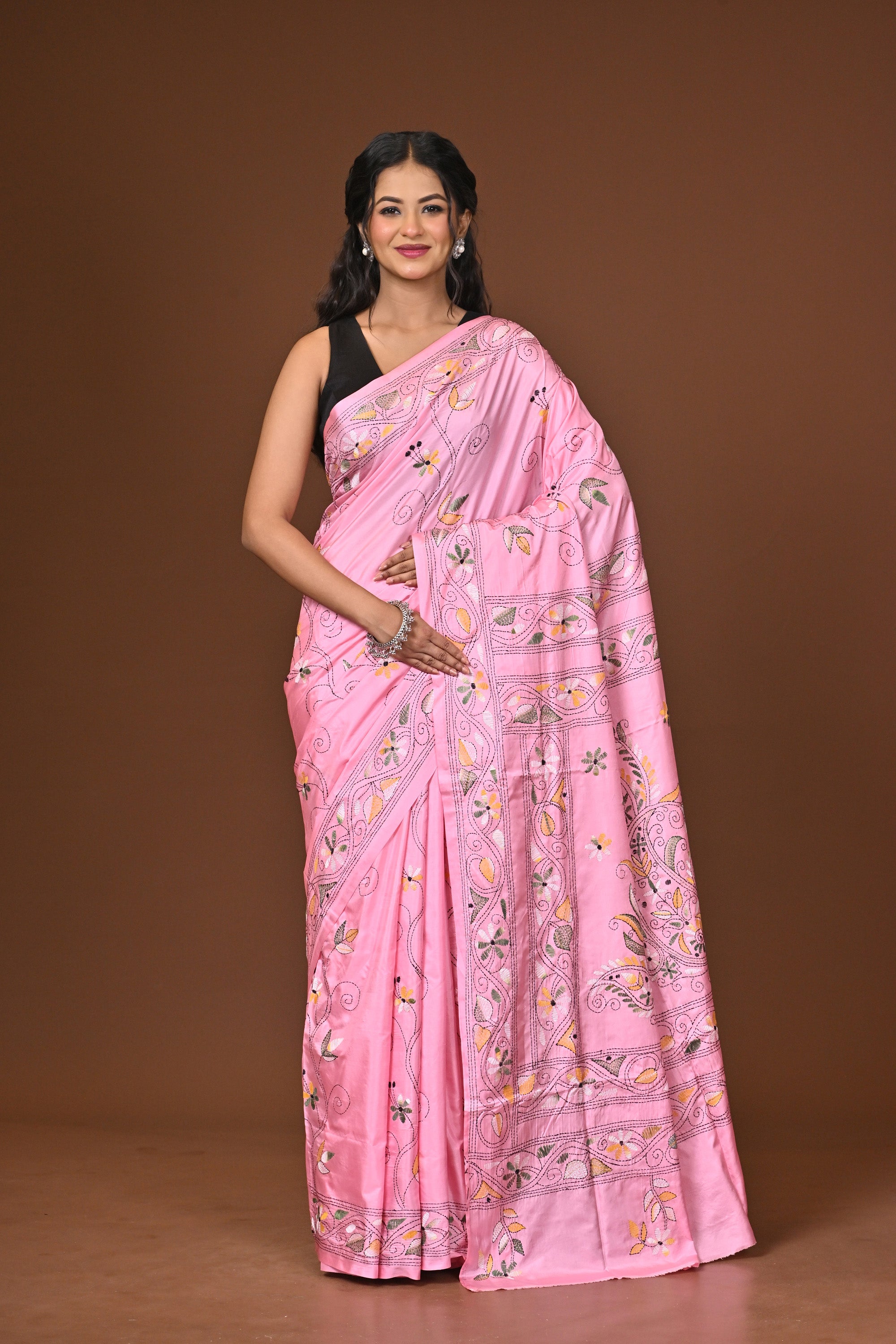 Blended Silk Kantha Stitch Saree Pink