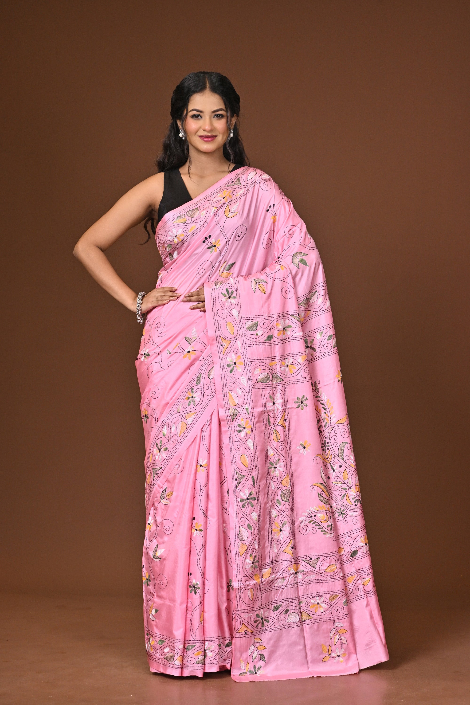 Blended Silk Kantha Stitch Saree Pink Thumbnail