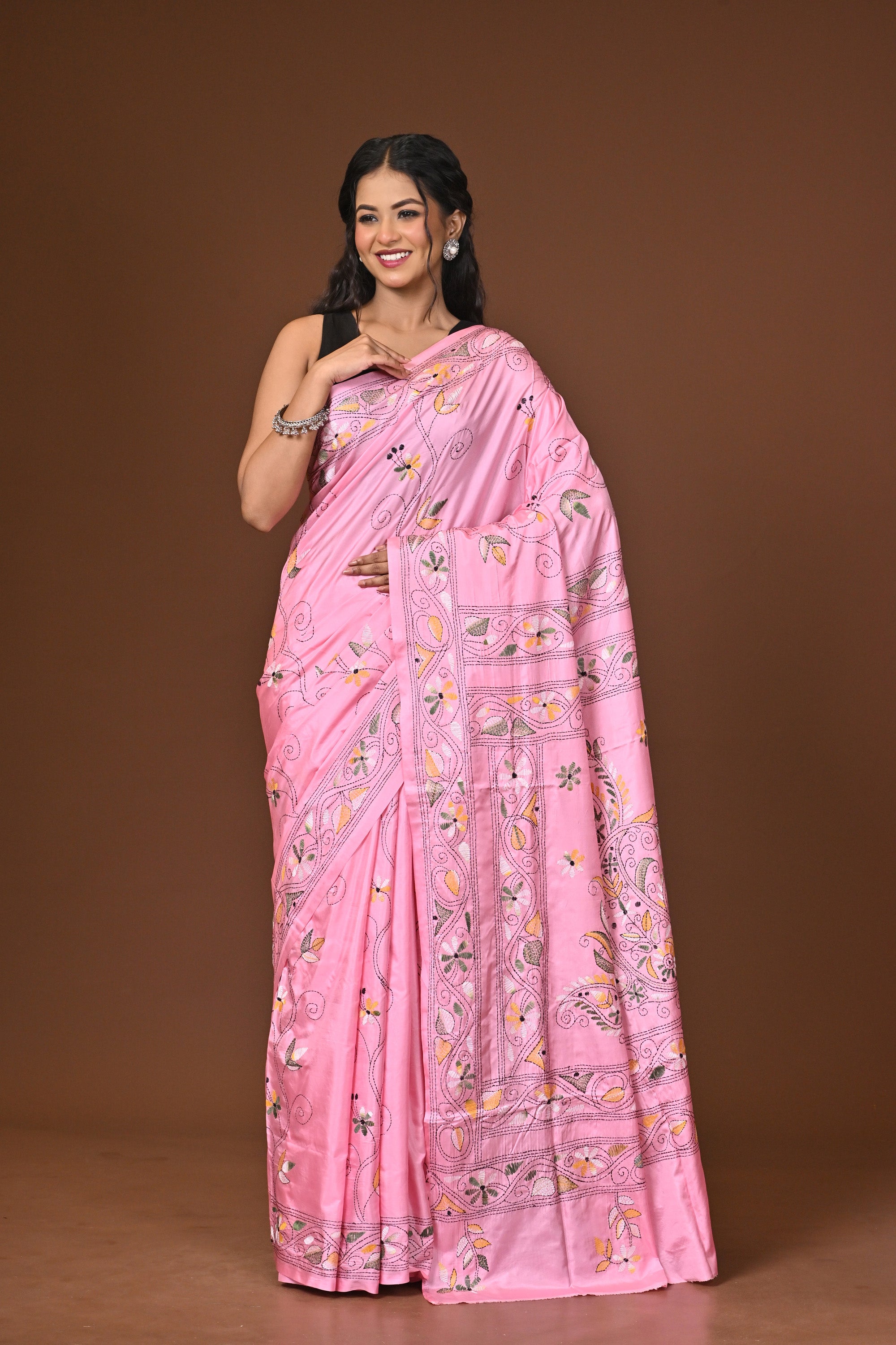 Blended Silk Kantha Stitch Saree Pink Thumbnail