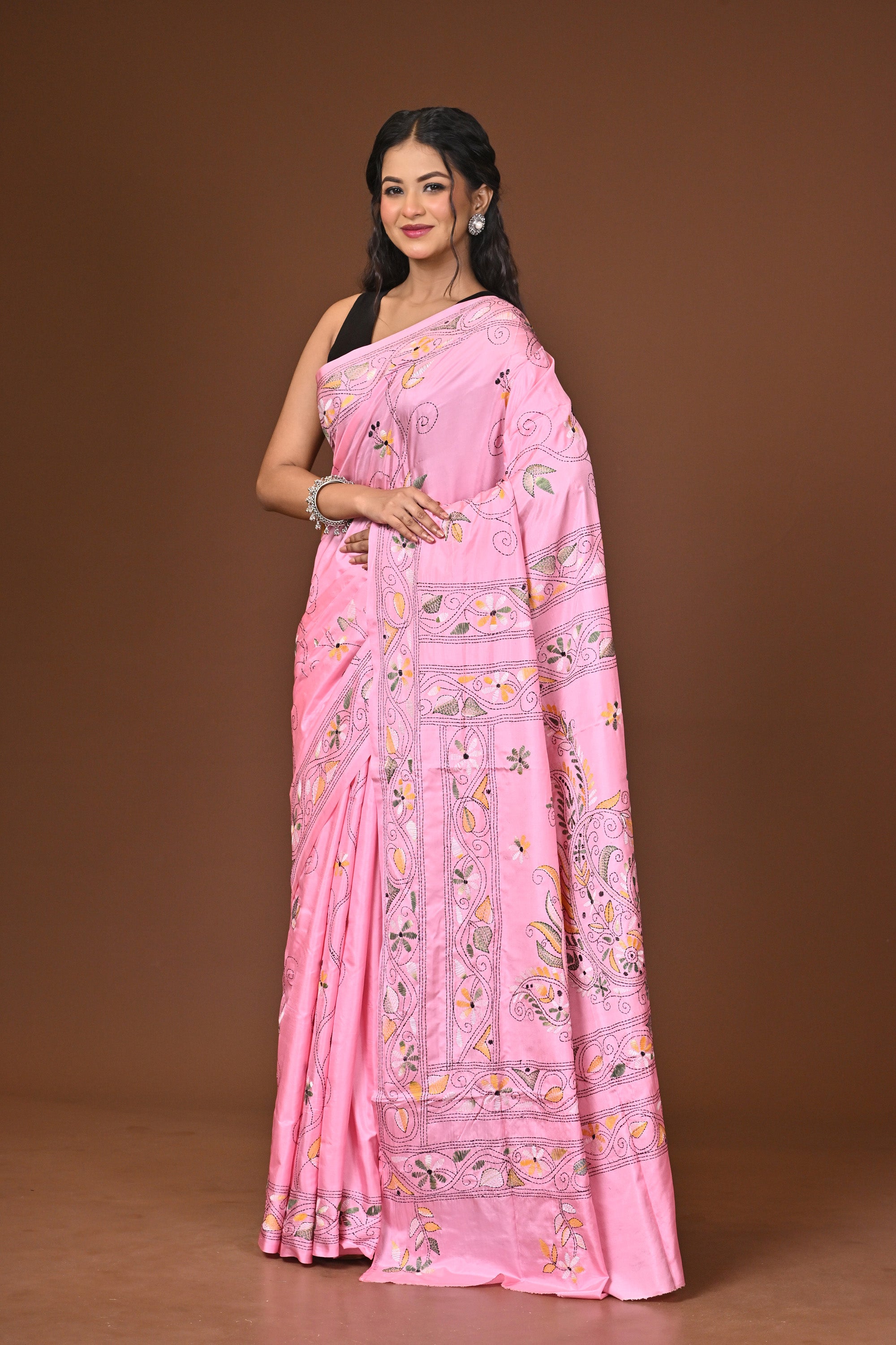 Blended Silk Kantha Stitch Saree Pink Thumbnail